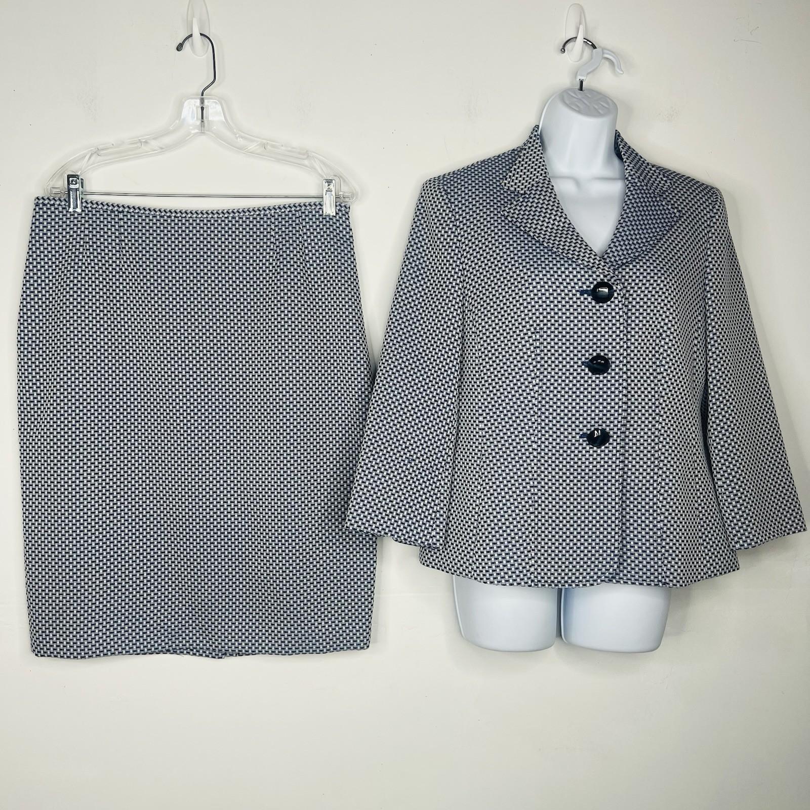 Le Suit Polyester Skirt Suit Size 10 White Blue Stand Up Collar Career 2PC