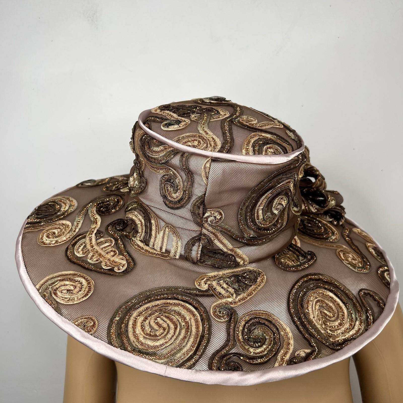 Vintage Mr. Hi's Classic Wide Brim Brown Church Tea Dress Hat Sequins Bow Beaded