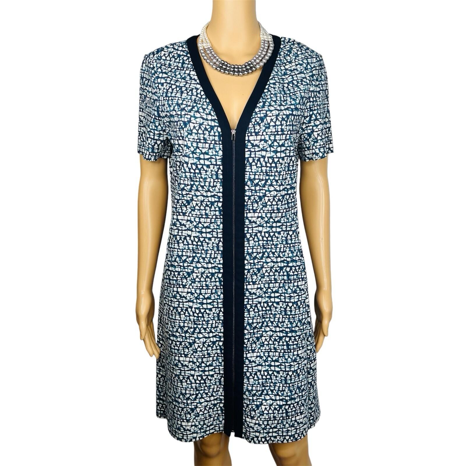 Tory Burch Peninsula Stretch Dress Size L Blue Geometric Pattern Zip Up V Neck