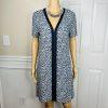 Tory Burch Peninsula Stretch Dress Size L Blue Geometric Pattern Zip Up V Neck