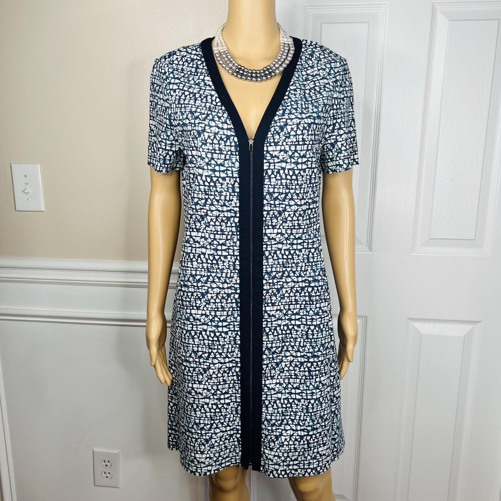 Tory Burch Peninsula Stretch Dress Size L Blue Geometric Pattern Zip Up V Neck