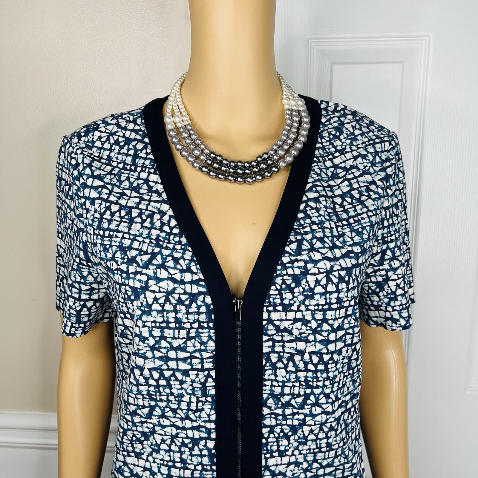 Tory Burch Peninsula Stretch Dress Size L Blue Geometric Pattern Zip Up V Neck