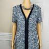 Tory Burch Peninsula Stretch Dress Size L Blue Geometric Pattern Zip Up V Neck