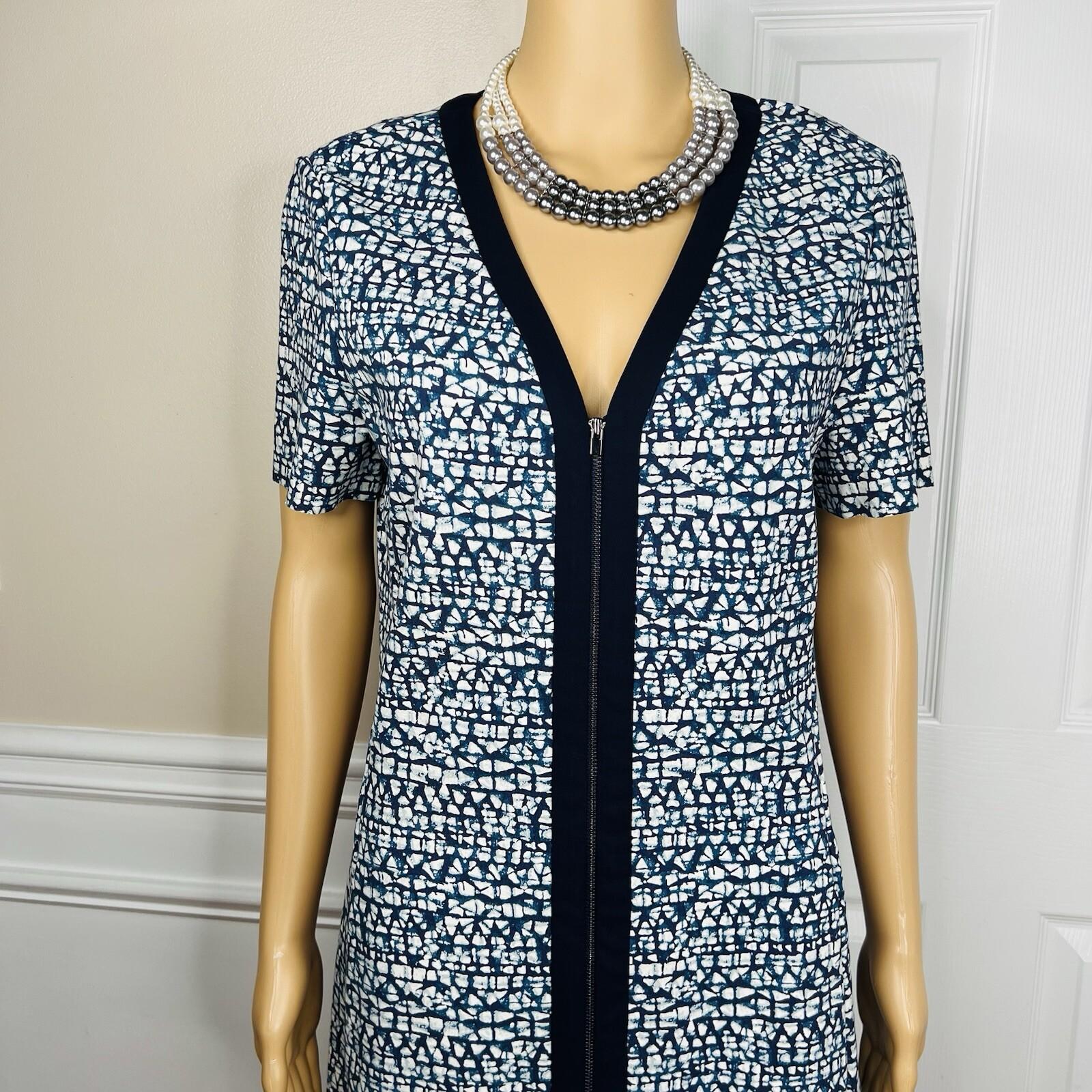 Tory Burch Peninsula Stretch Dress Size L Blue Geometric Pattern Zip Up V Neck