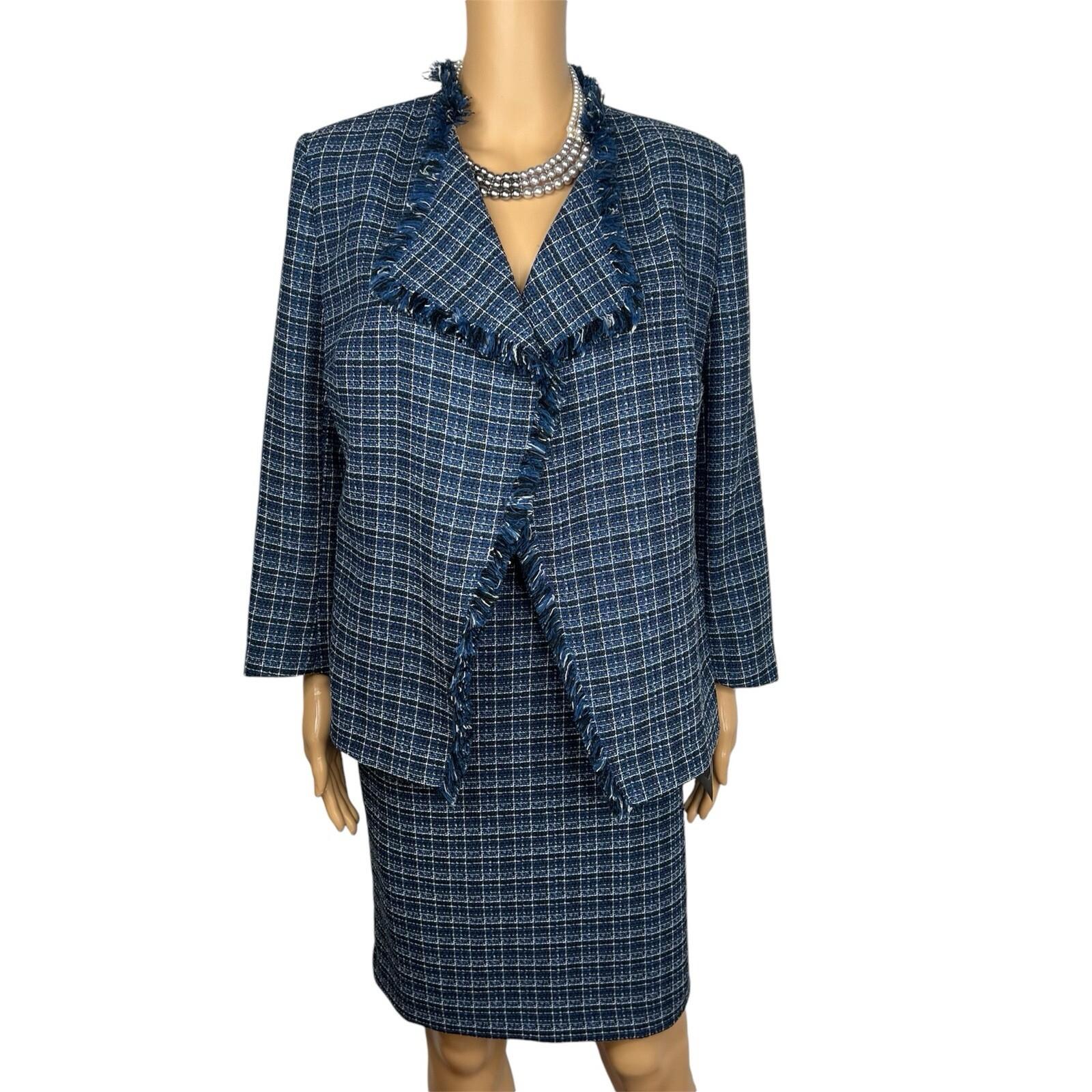 10-6211.jpg Kasper Tweed Skirt 8 Suit M Twilight Blue Multi Open Front Collarless 2PC New