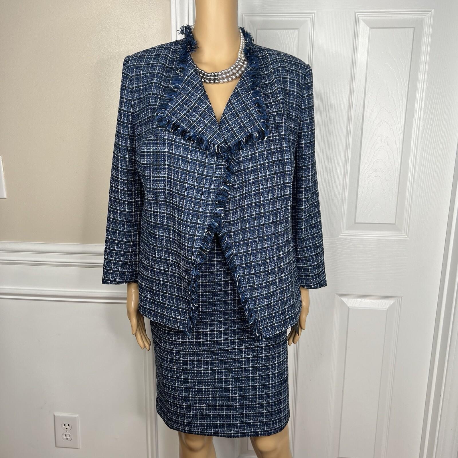 10-6212.jpg Kasper Tweed Skirt 8 Suit M Twilight Blue Multi Open Front Collarless 2PC New