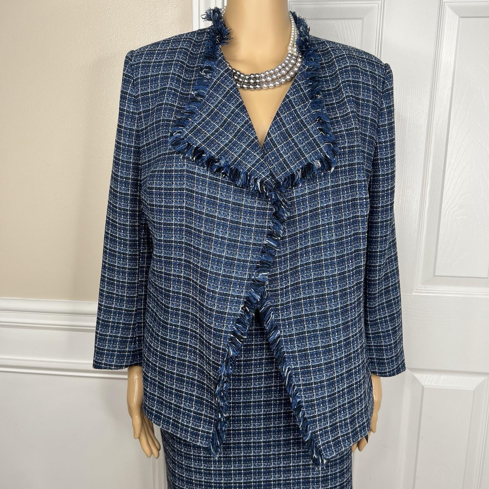 10-6213.jpg Kasper Tweed Skirt 8 Suit M Twilight Blue Multi Open Front Collarless 2PC New