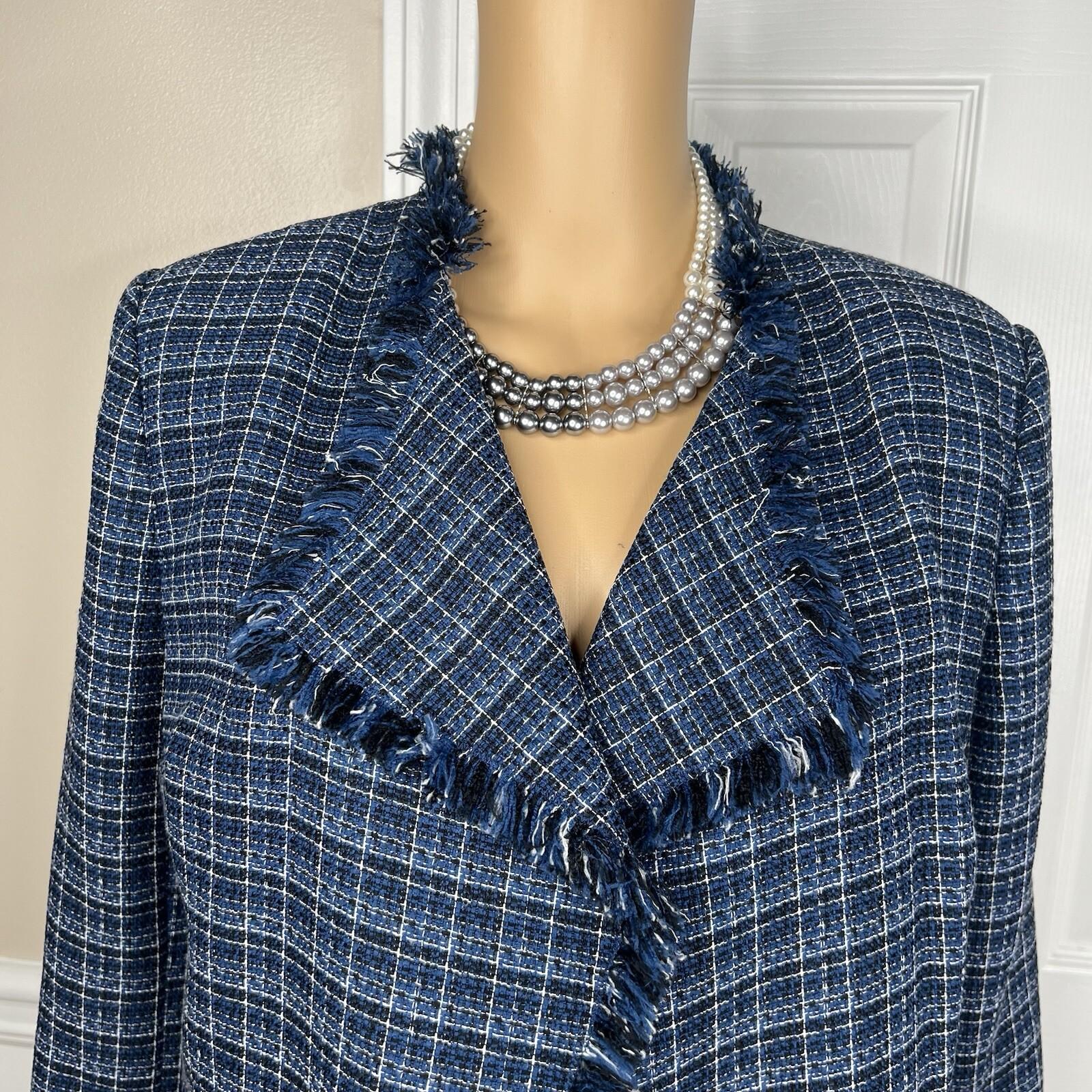 10-6214.jpg Kasper Tweed Skirt 8 Suit M Twilight Blue Multi Open Front Collarless 2PC New