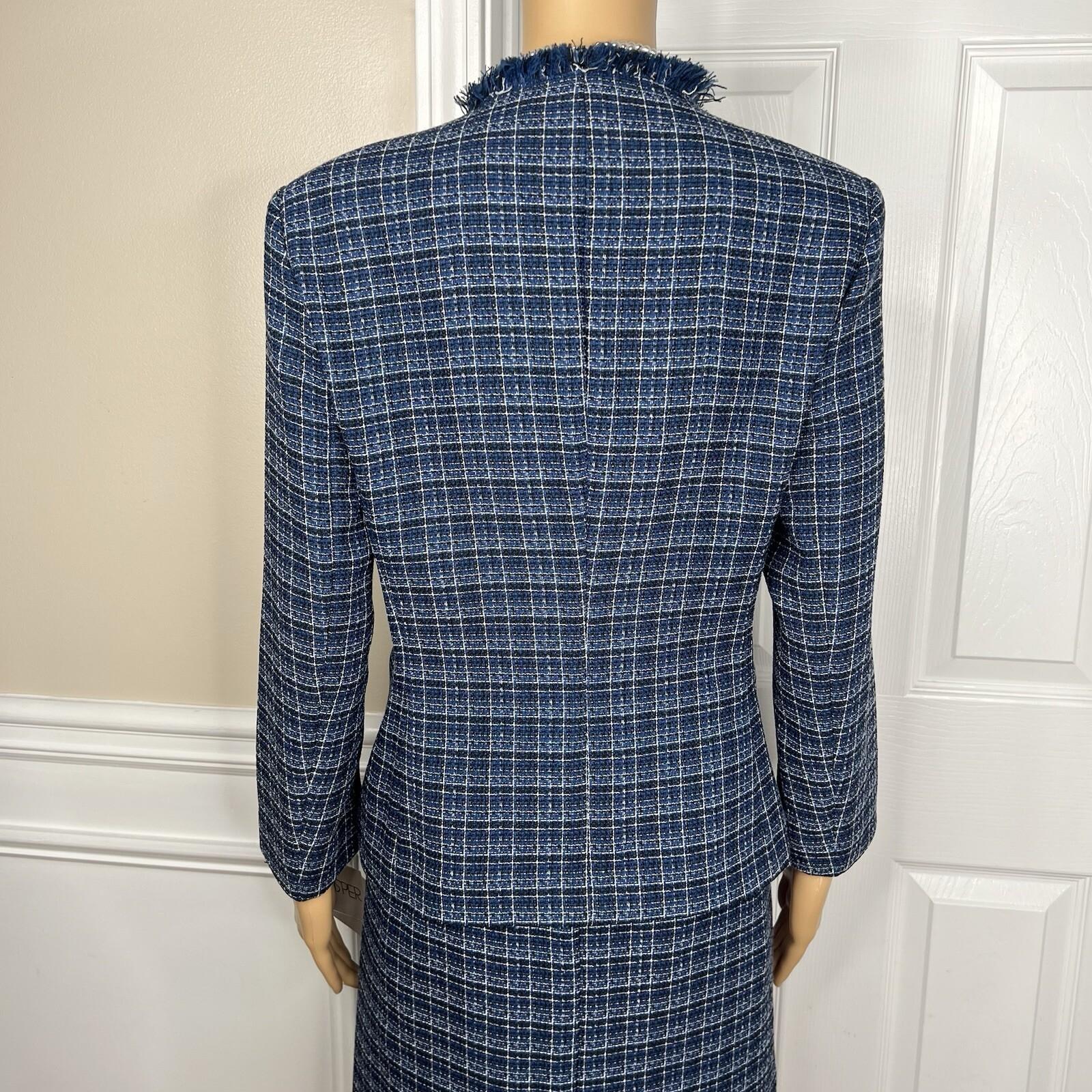10-6220.jpg Kasper Tweed Skirt 8 Suit M Twilight Blue Multi Open Front Collarless 2PC New