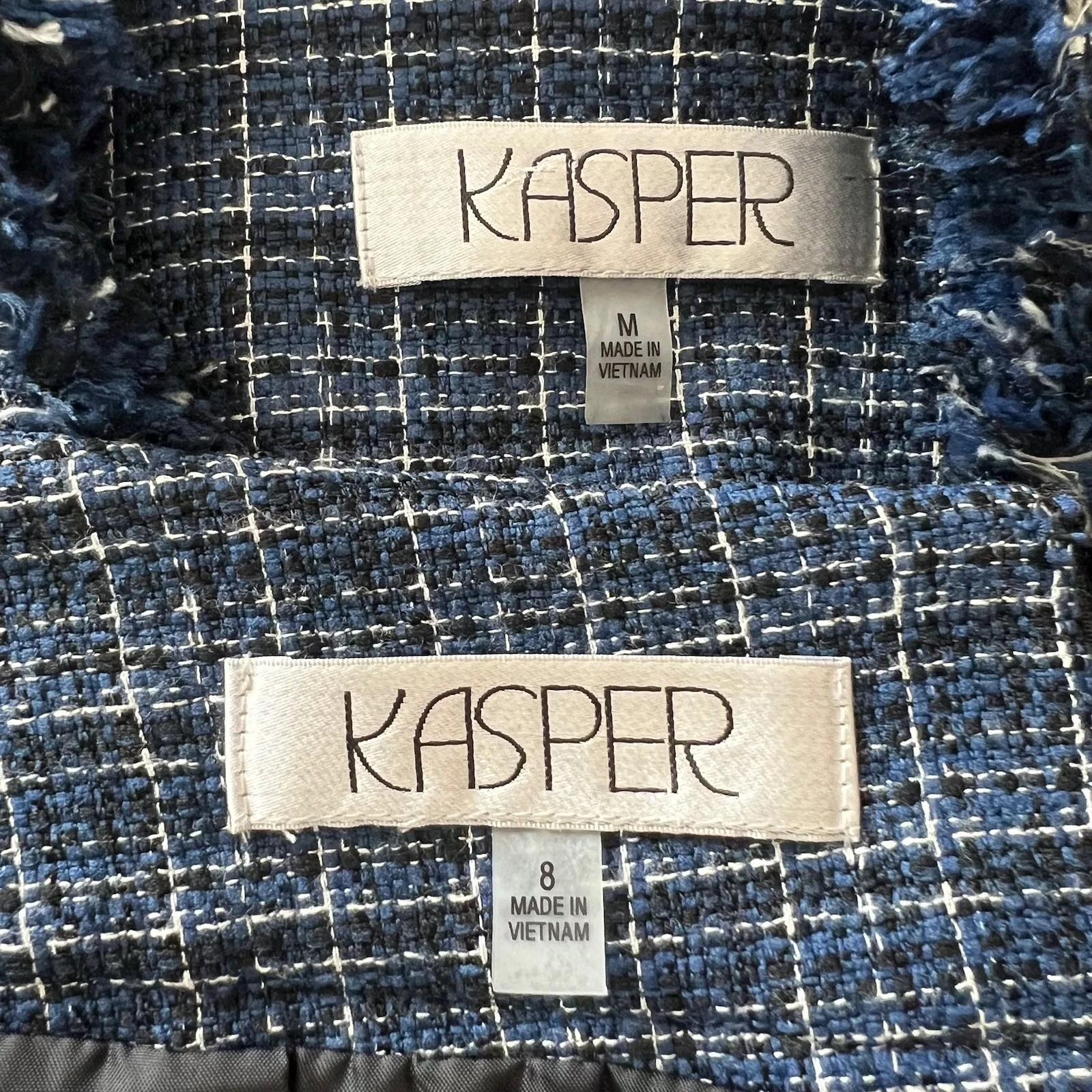 10-6224.jpg Kasper Tweed Skirt 8 Suit M Twilight Blue Multi Open Front Collarless 2PC New