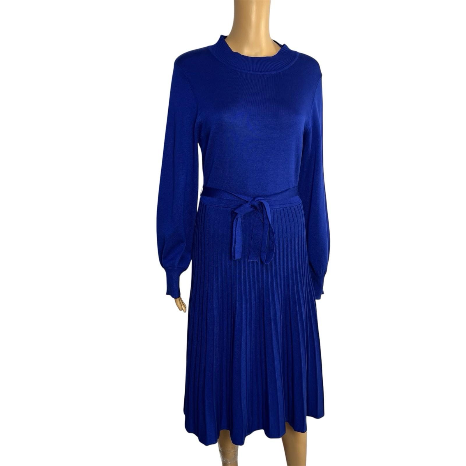 10-6239.jpg Nina Leonard Sweater Dress Size L Deep Sapphire Mock Neck Belted Belted Knit New