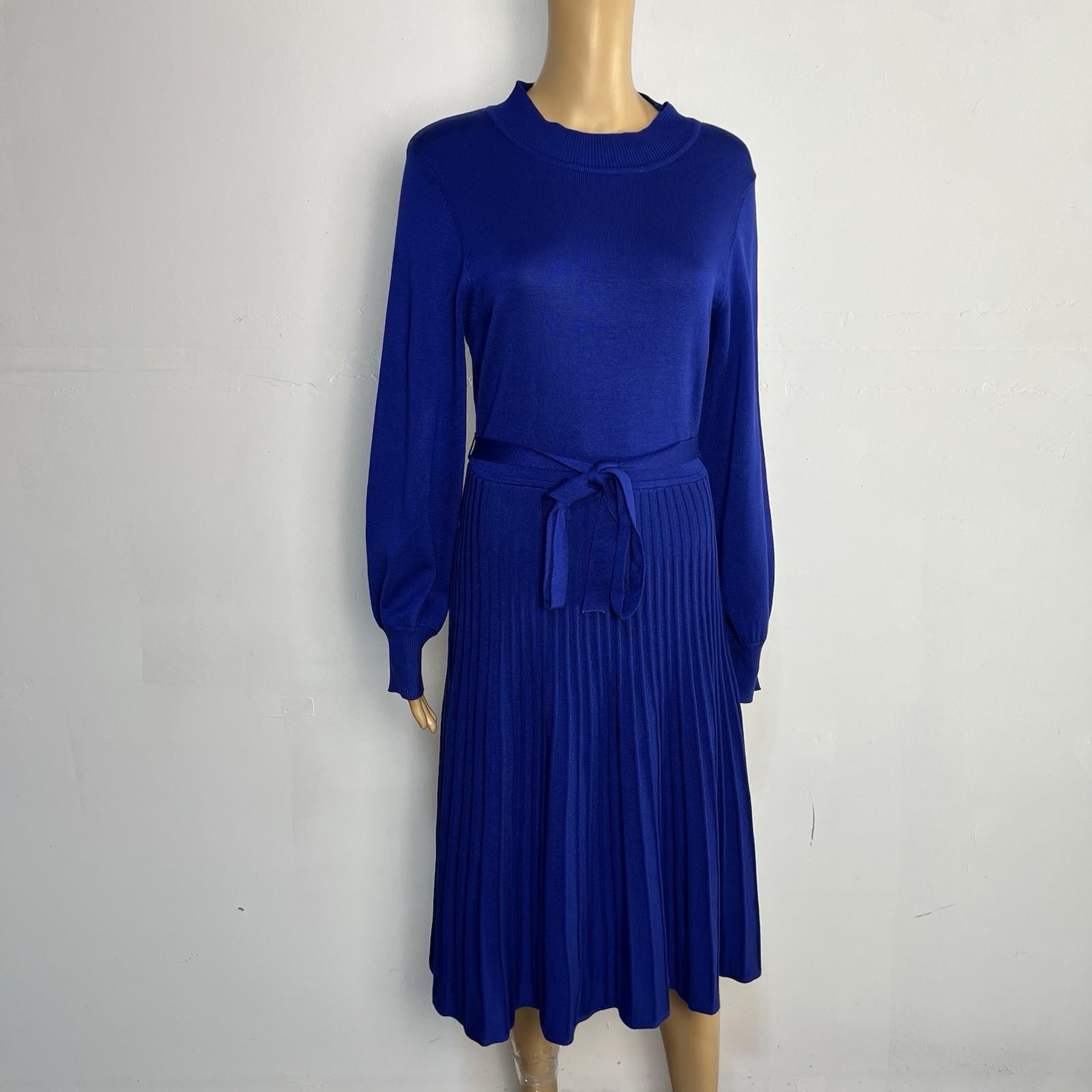 10-6240.jpg Nina Leonard Sweater Dress Size L Deep Sapphire Mock Neck Belted Belted Knit New