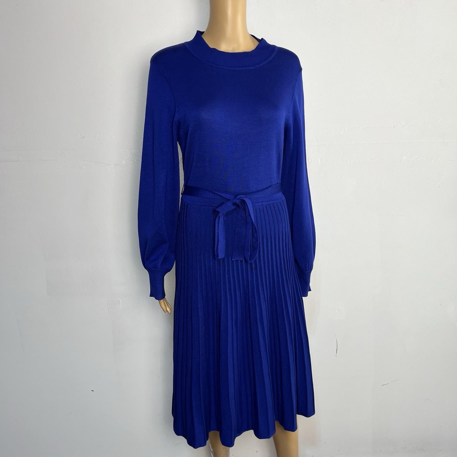 10-6241.jpg Nina Leonard Sweater Dress Size L Deep Sapphire Mock Neck Belted Belted Knit New