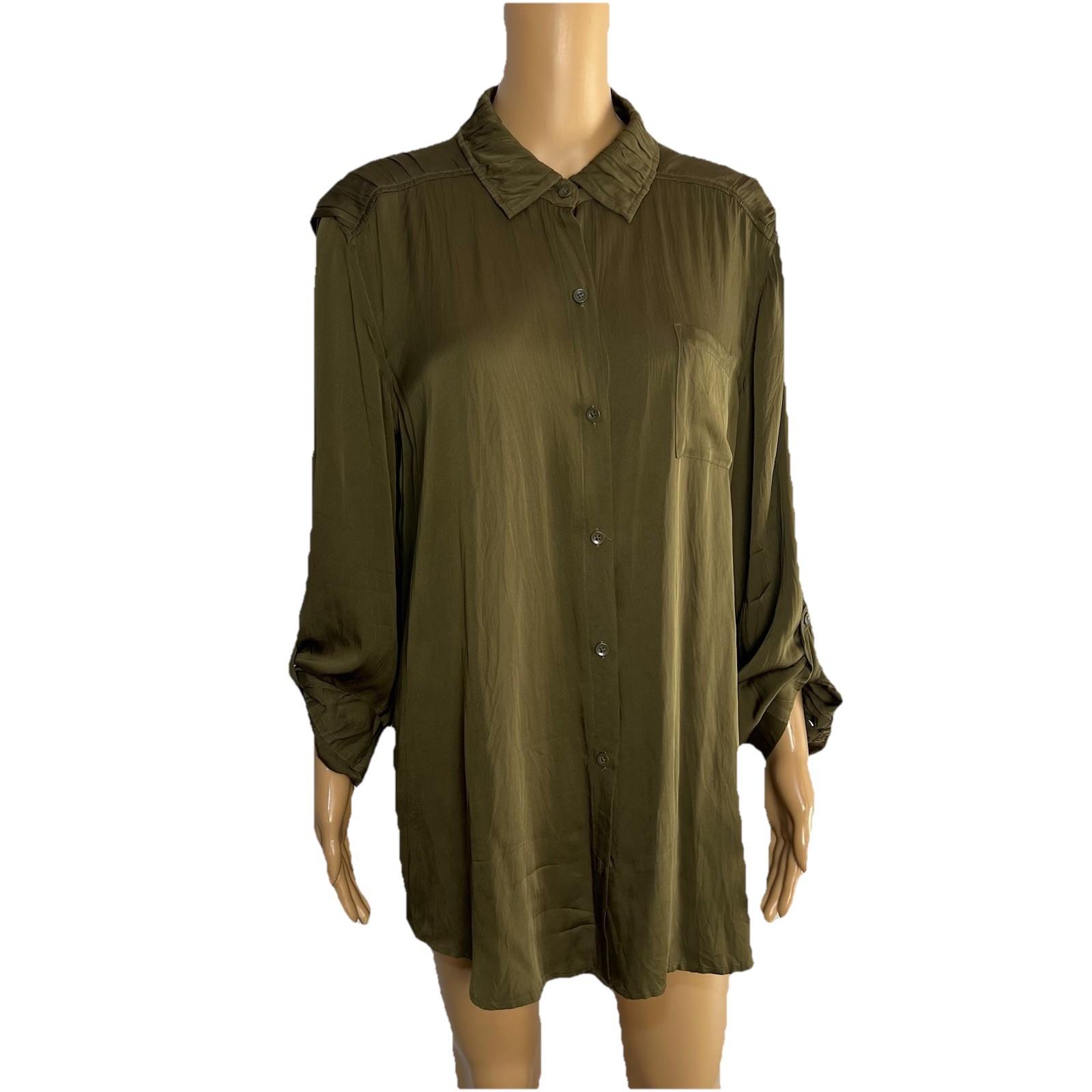 Alice + Olivia Button Down Silk Shirt Blouse XL Military Green Foldable sleeves