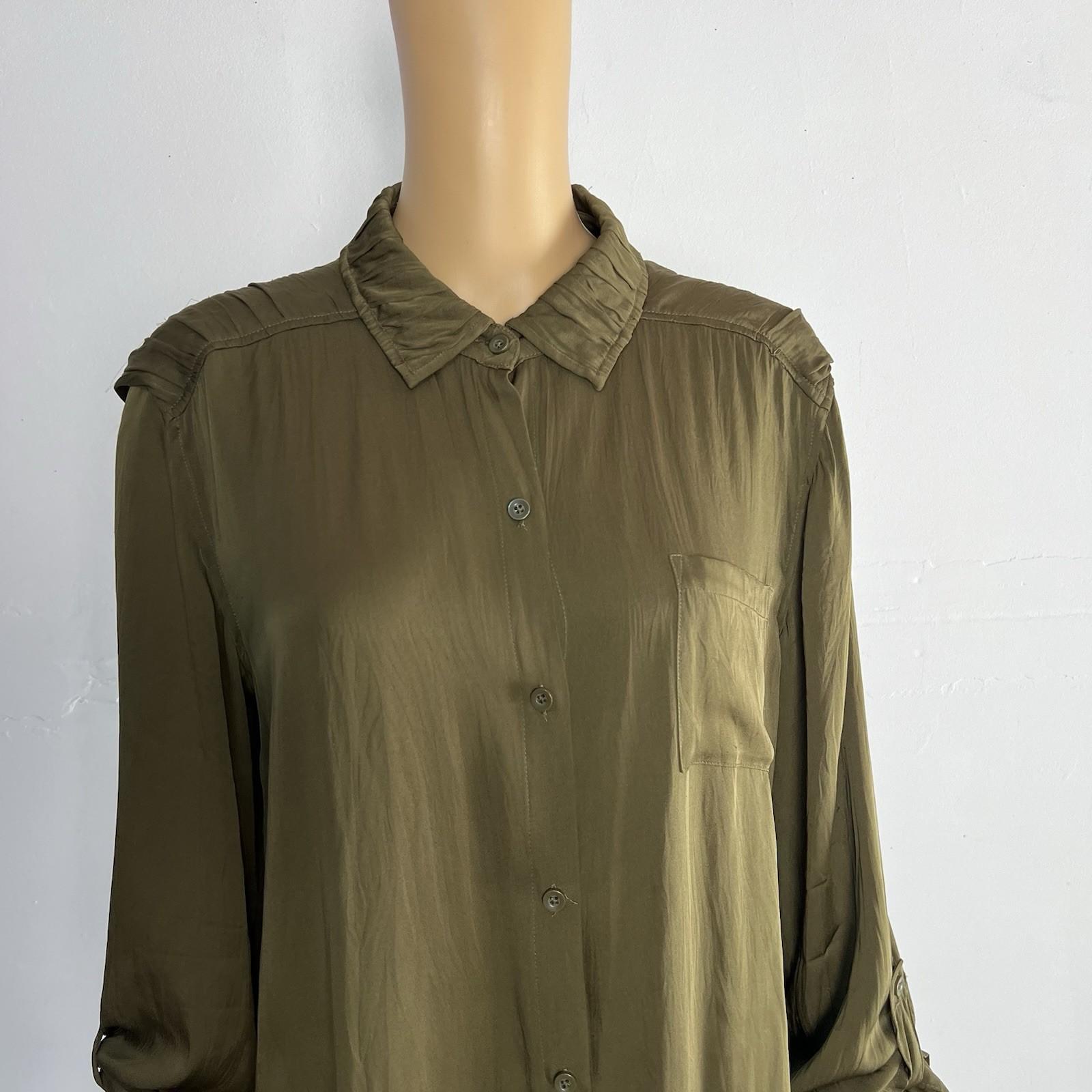 Alice + Olivia Button Down Silk Shirt Blouse XL Military Green Foldable sleeves