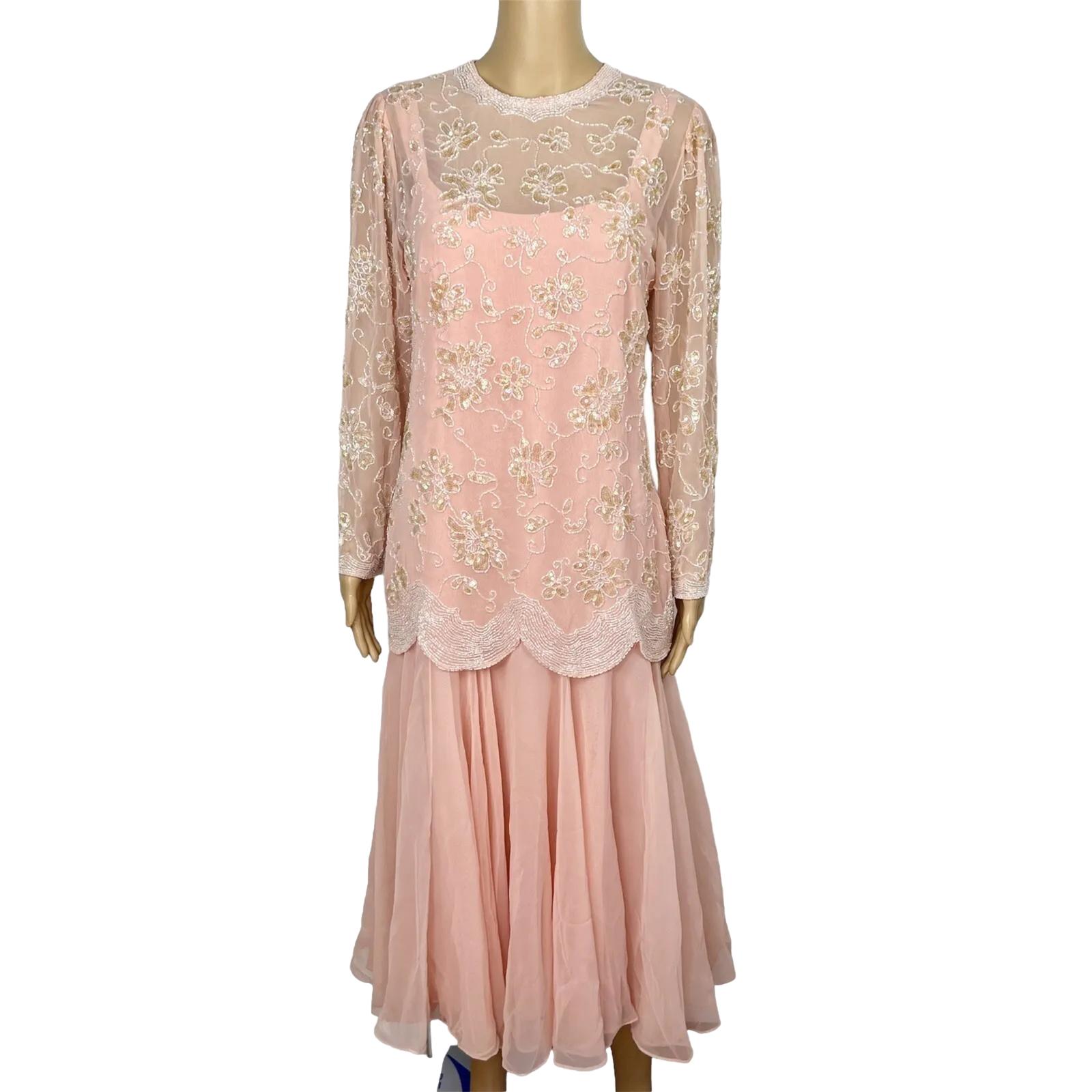 Jack Bryan 1970 Vtg Party Dress Size 12 Peach Beaded Flapper Drop waist Gown