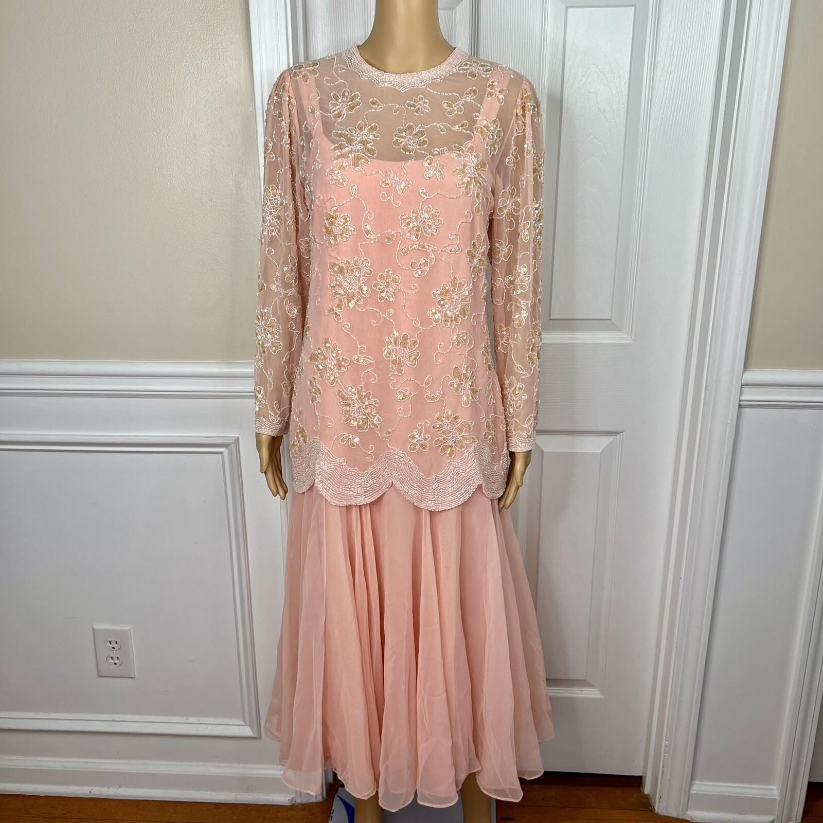 Jack Bryan 1970 Vtg Party Dress Size 12 Peach Beaded Flapper Drop waist Gown