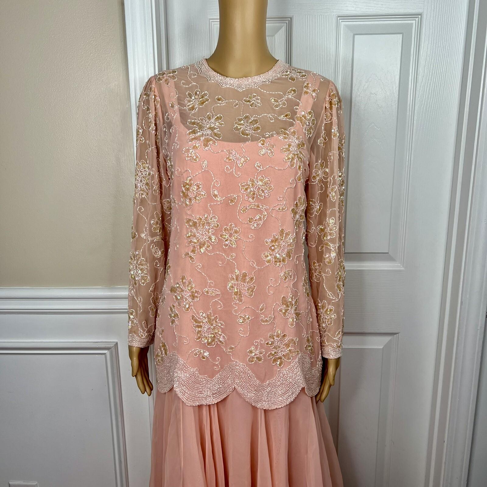 Jack Bryan 1970 Vtg Party Dress Size 12 Peach Beaded Flapper Drop waist Gown