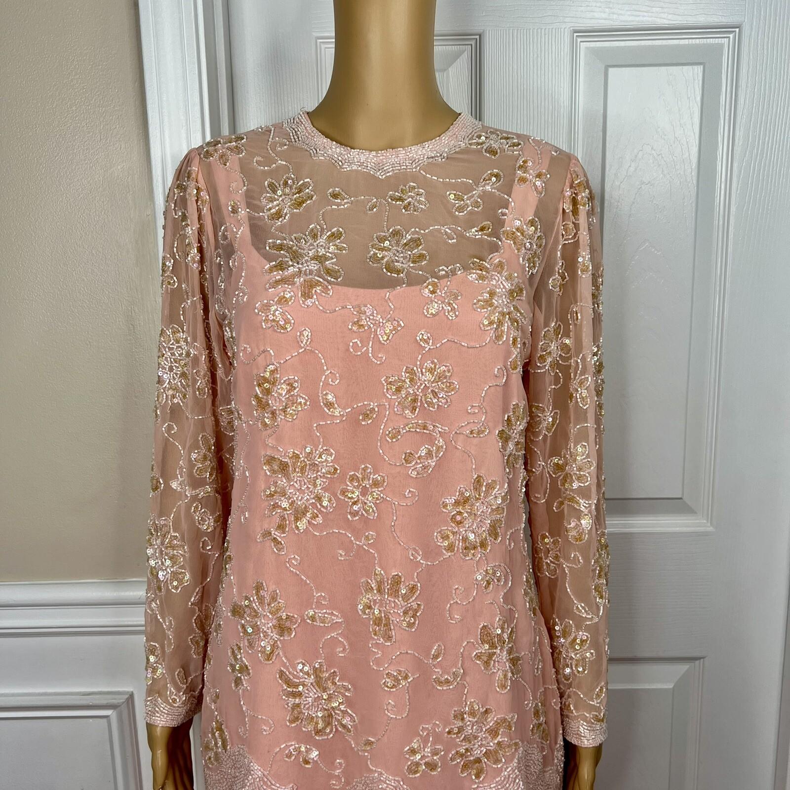 Jack Bryan 1970 Vtg Party Dress Size 12 Peach Beaded Flapper Drop waist Gown