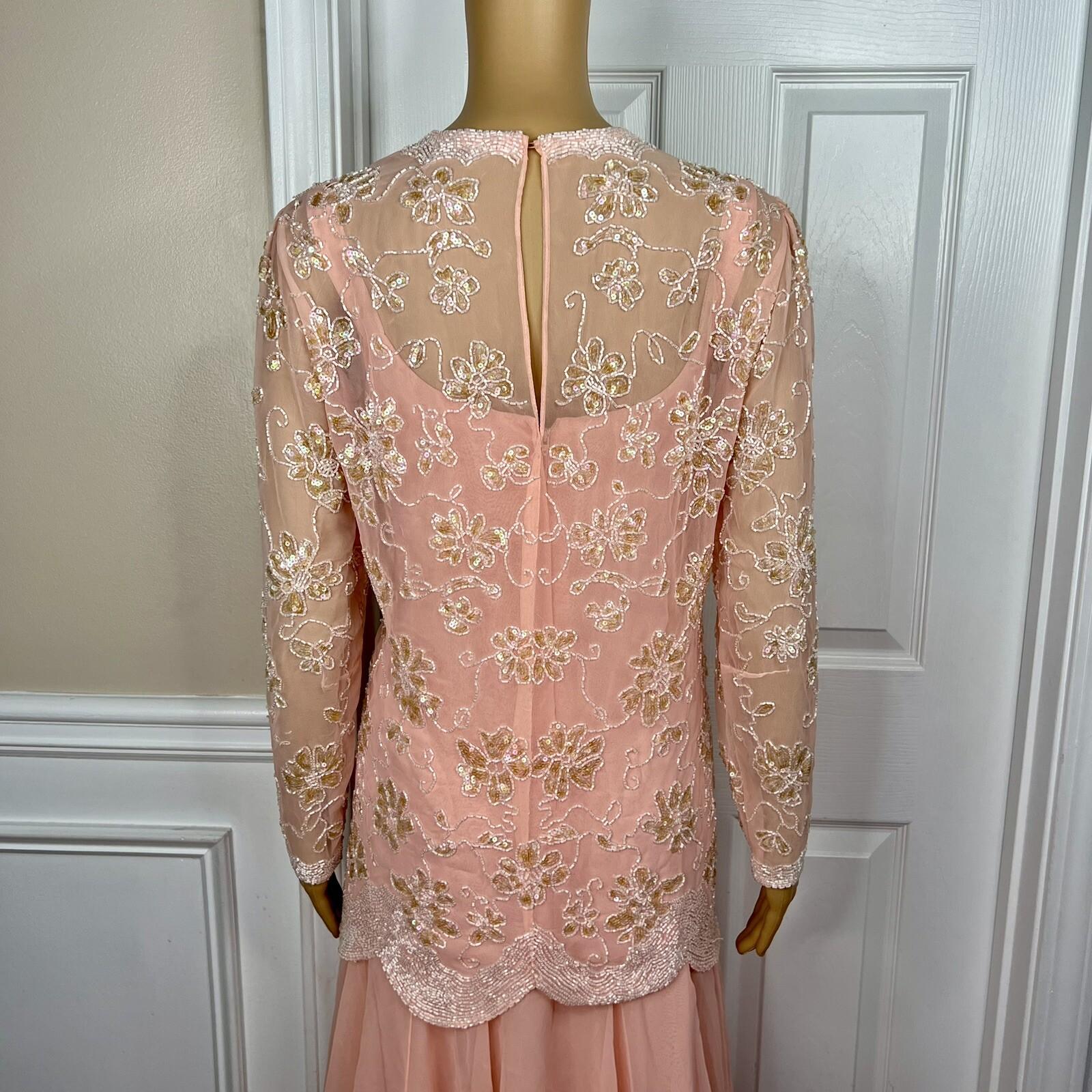 Jack Bryan 1970 Vtg Party Dress Size 12 Peach Beaded Flapper Drop waist Gown