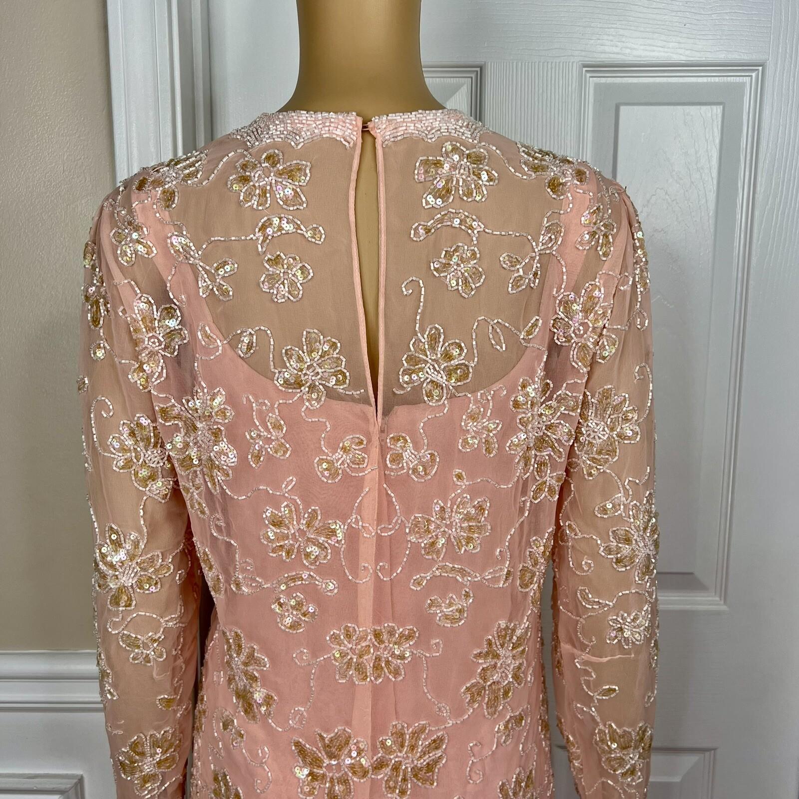 Jack Bryan 1970 Vtg Party Dress Size 12 Peach Beaded Flapper Drop waist Gown