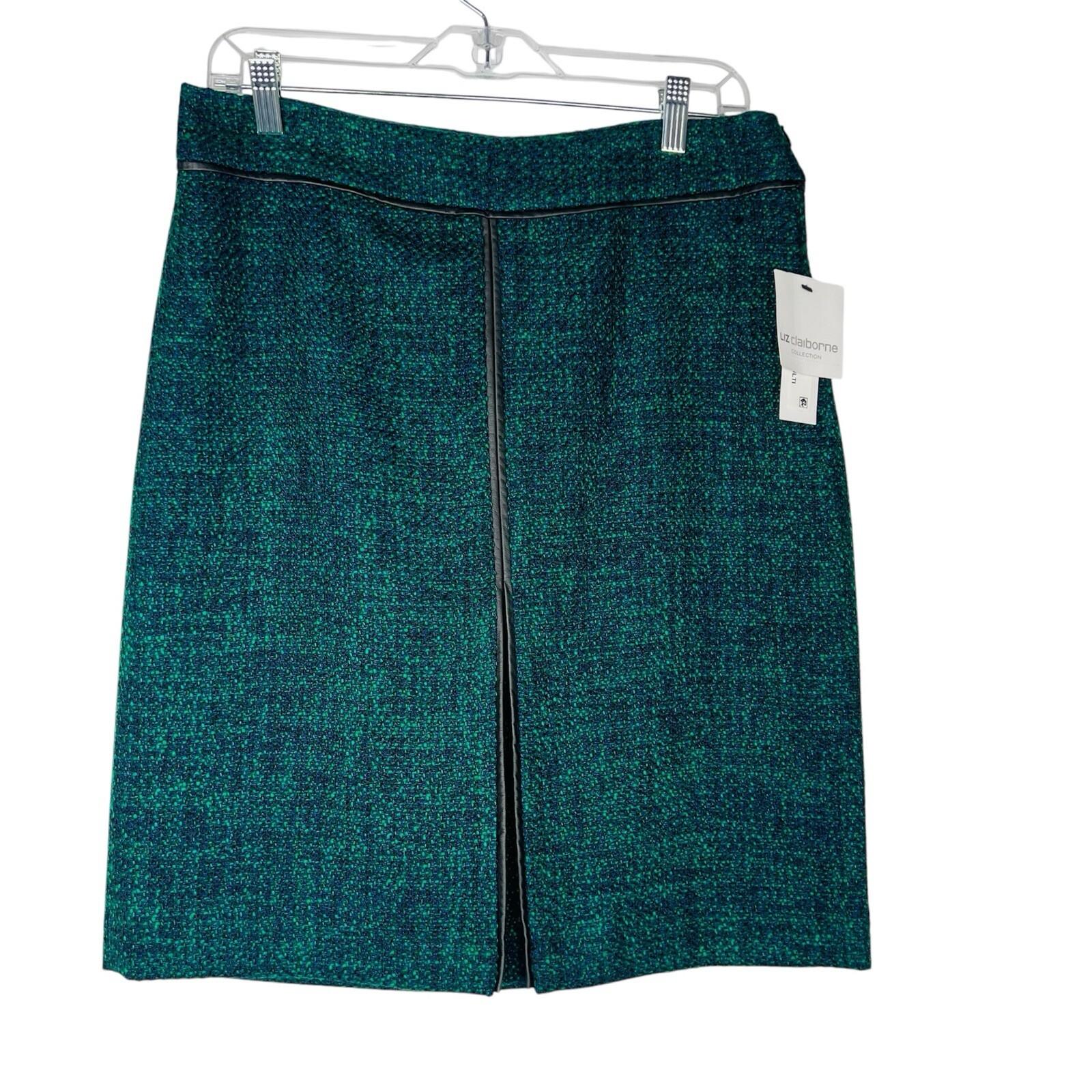 10-6289.jpg Liz Claiborne Tweed Pencil Skirt Size 8 Verdant Green Blue Front Slit Career New