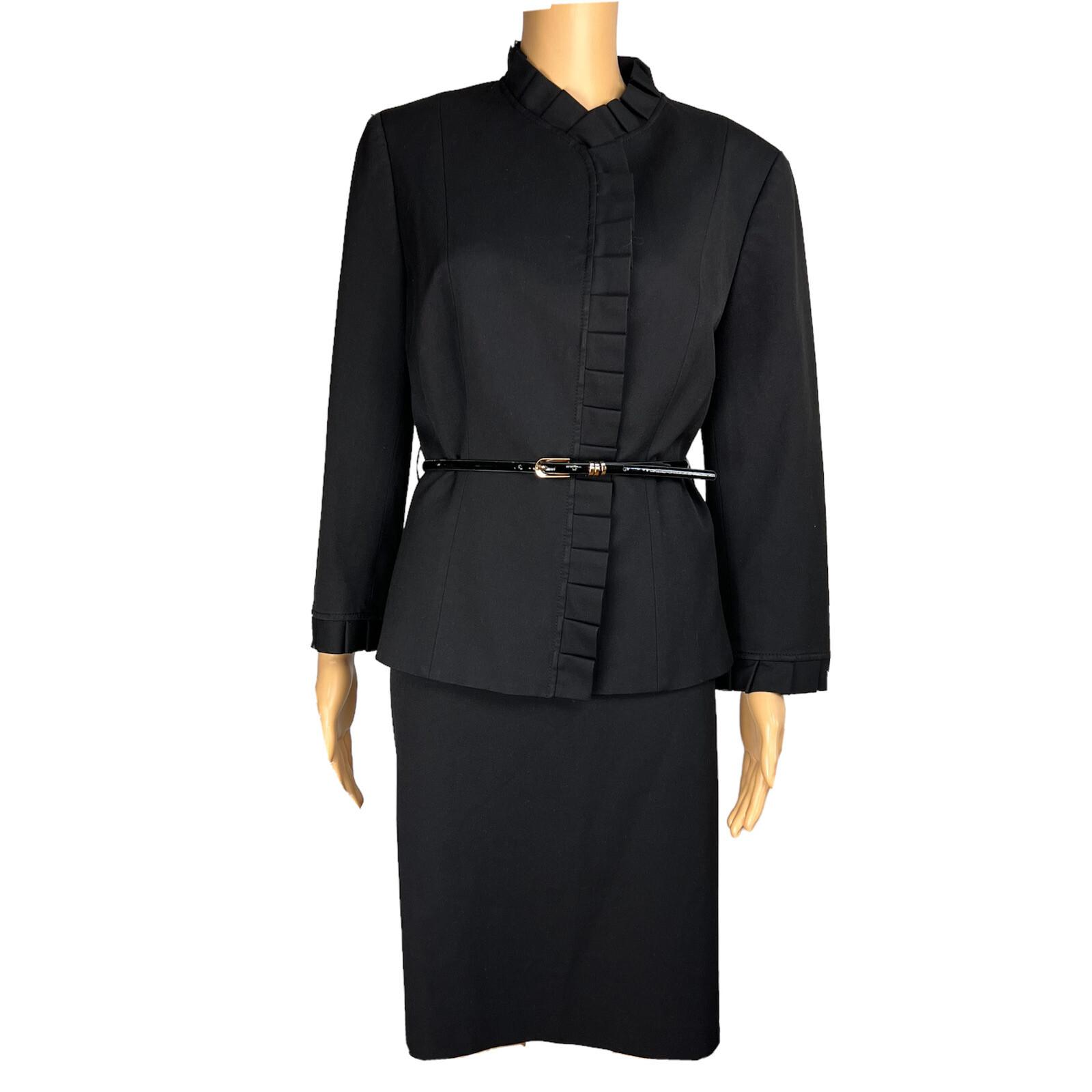 Tahari ASL Polyester Viscose Spandex Skirt Suit Size 10 Black Pleated Ruffle 2PC