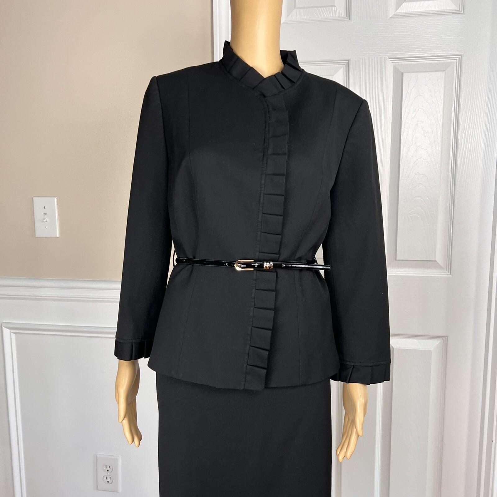 Tahari ASL Polyester Viscose Spandex Skirt Suit Size 10 Black Pleated Ruffle 2PC