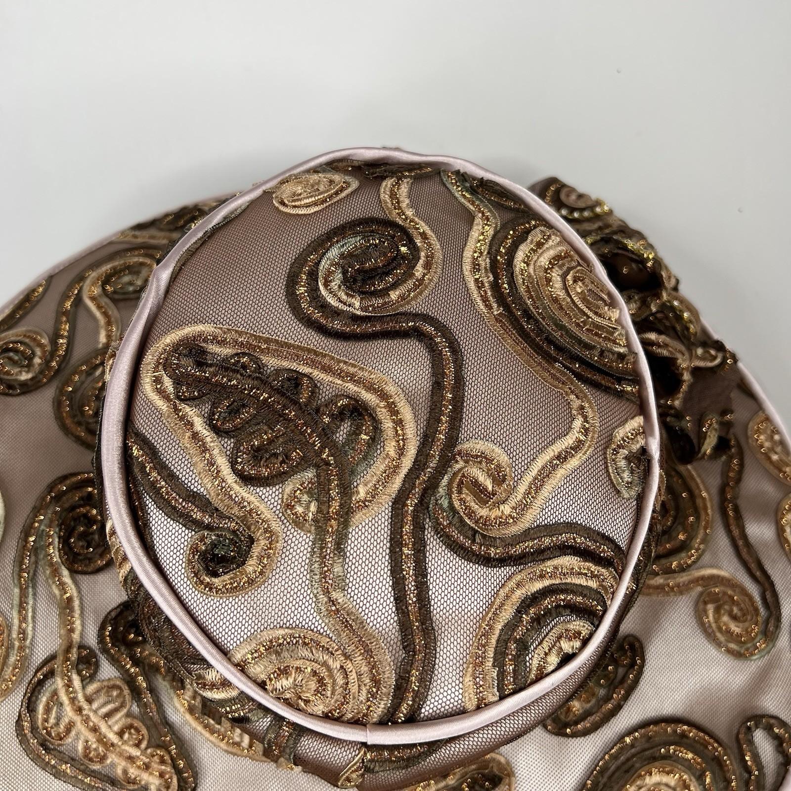 Vintage Mr. Hi's Classic Wide Brim Brown Church Tea Dress Hat Sequins Bow Beaded