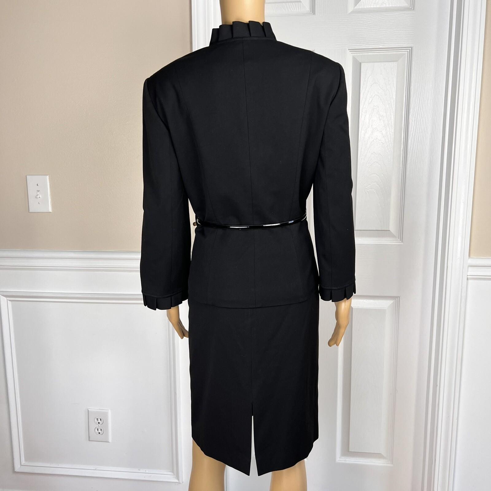 Tahari ASL Polyester Viscose Spandex Skirt Suit Size 10 Black Pleated Ruffle 2PC