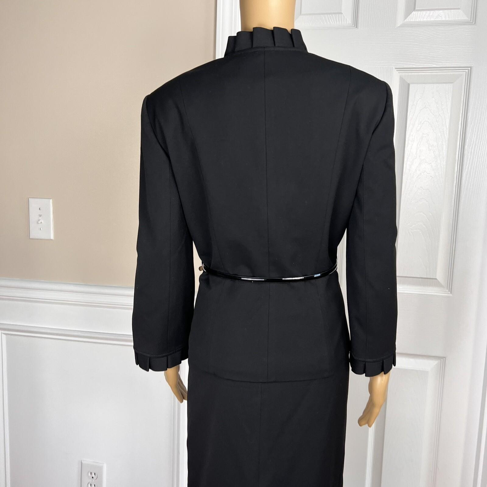 Tahari ASL Polyester Viscose Spandex Skirt Suit Size 10 Black Pleated Ruffle 2PC