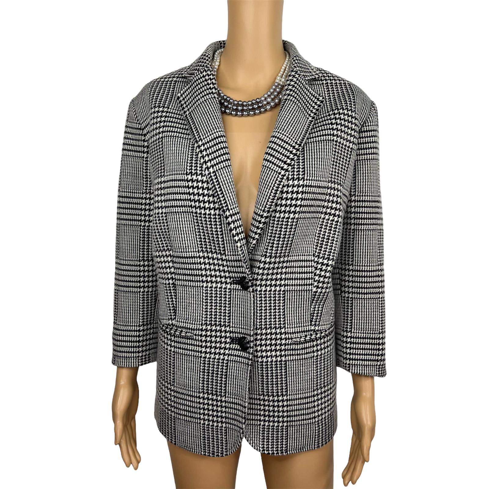 LAUREN RALPH LAUREN Women Blazer Jacket Size 14W Black White Knit Lined