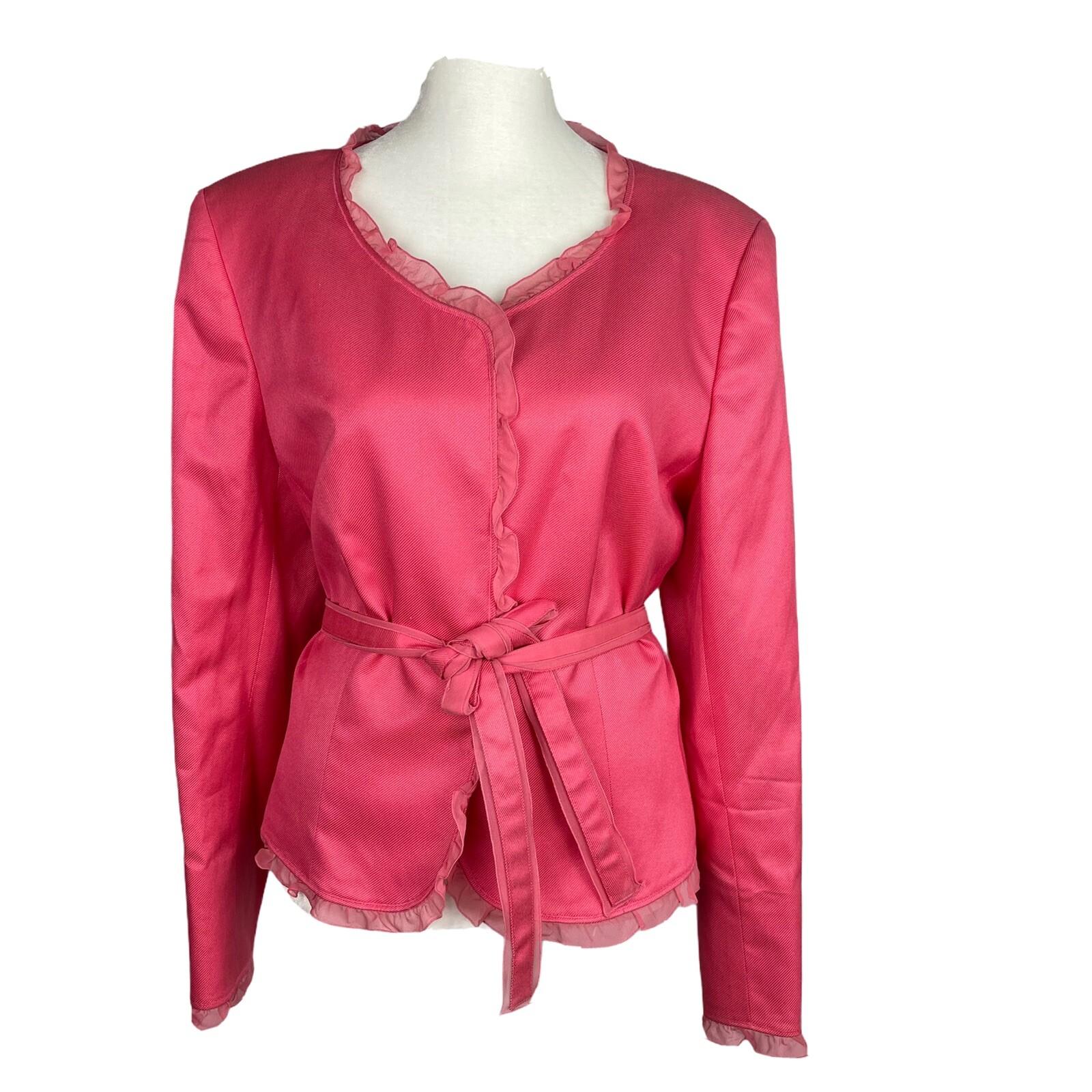 10-6323.jpg Nipon Boutique Women Silk Cotton Blazer Size 12 Pink Ruffle Belted Lined 1PC