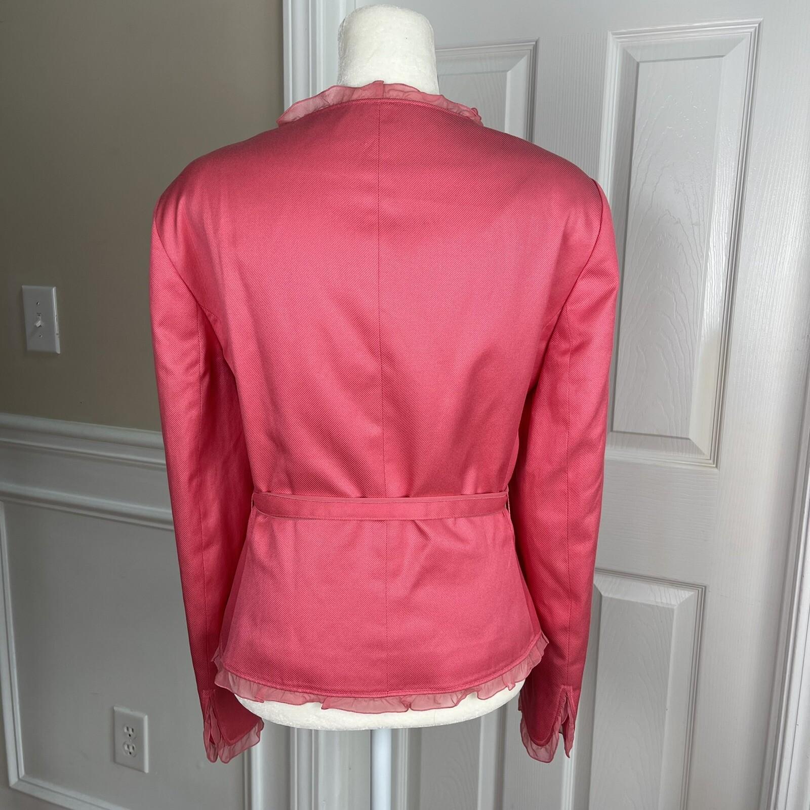 10-6325.jpg Nipon Boutique Women Silk Cotton Blazer Size 12 Pink Ruffle Belted Lined 1PC