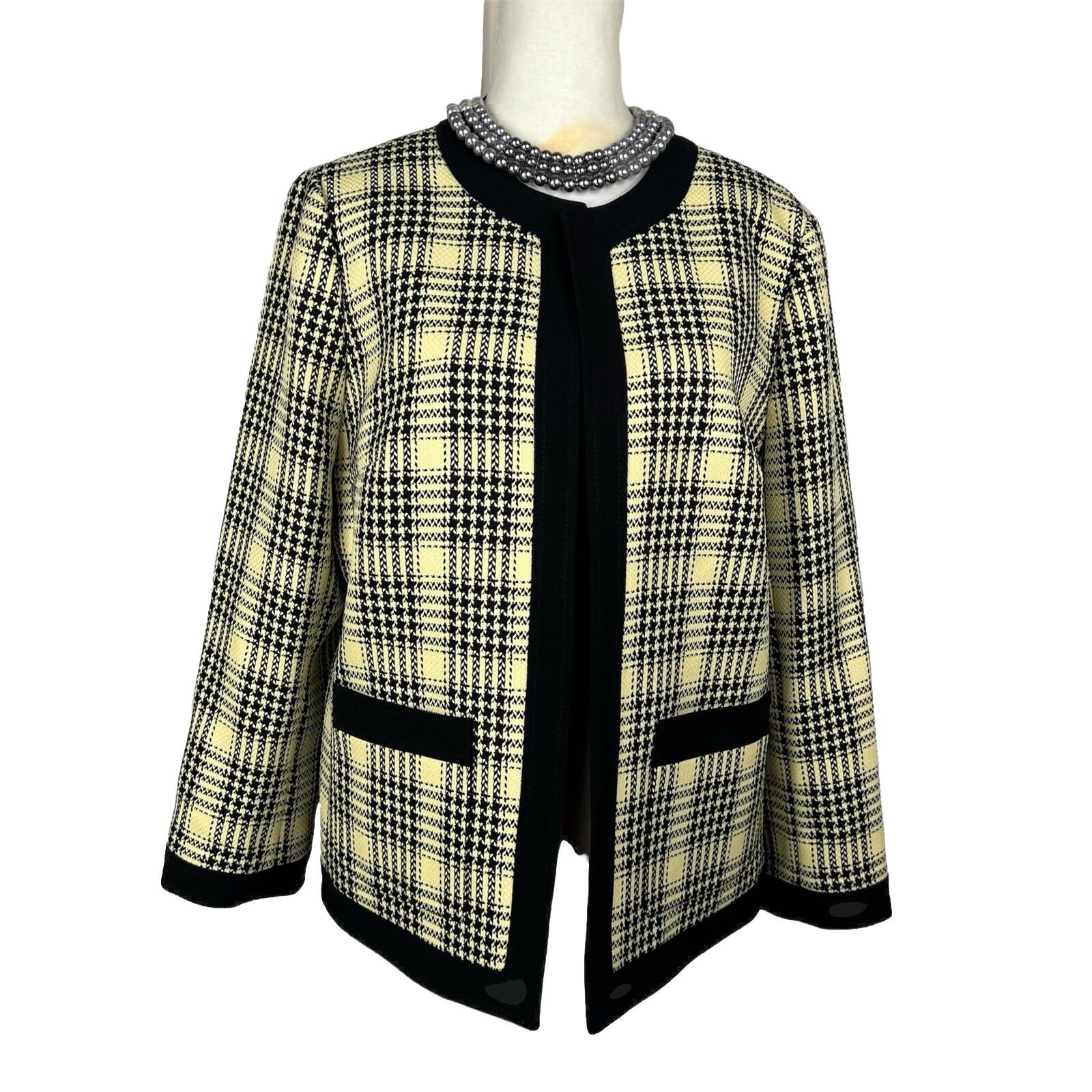 10-6343.jpg KASPER Polyester Elastane Blazer Size 8 Yellow Black Lined Open Front Pockets
