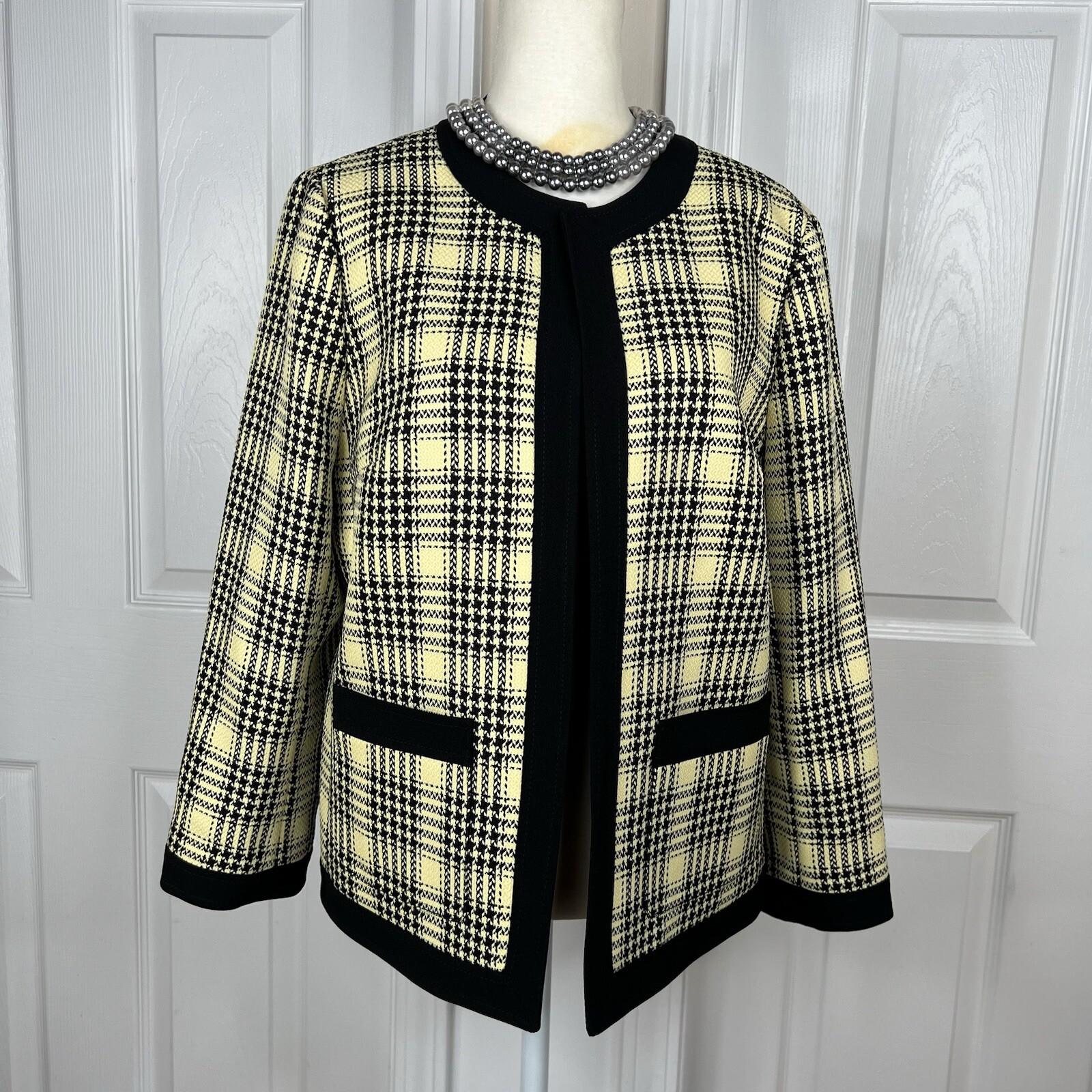 10-6344.jpg KASPER Polyester Elastane Blazer Size 8 Yellow Black Lined Open Front Pockets