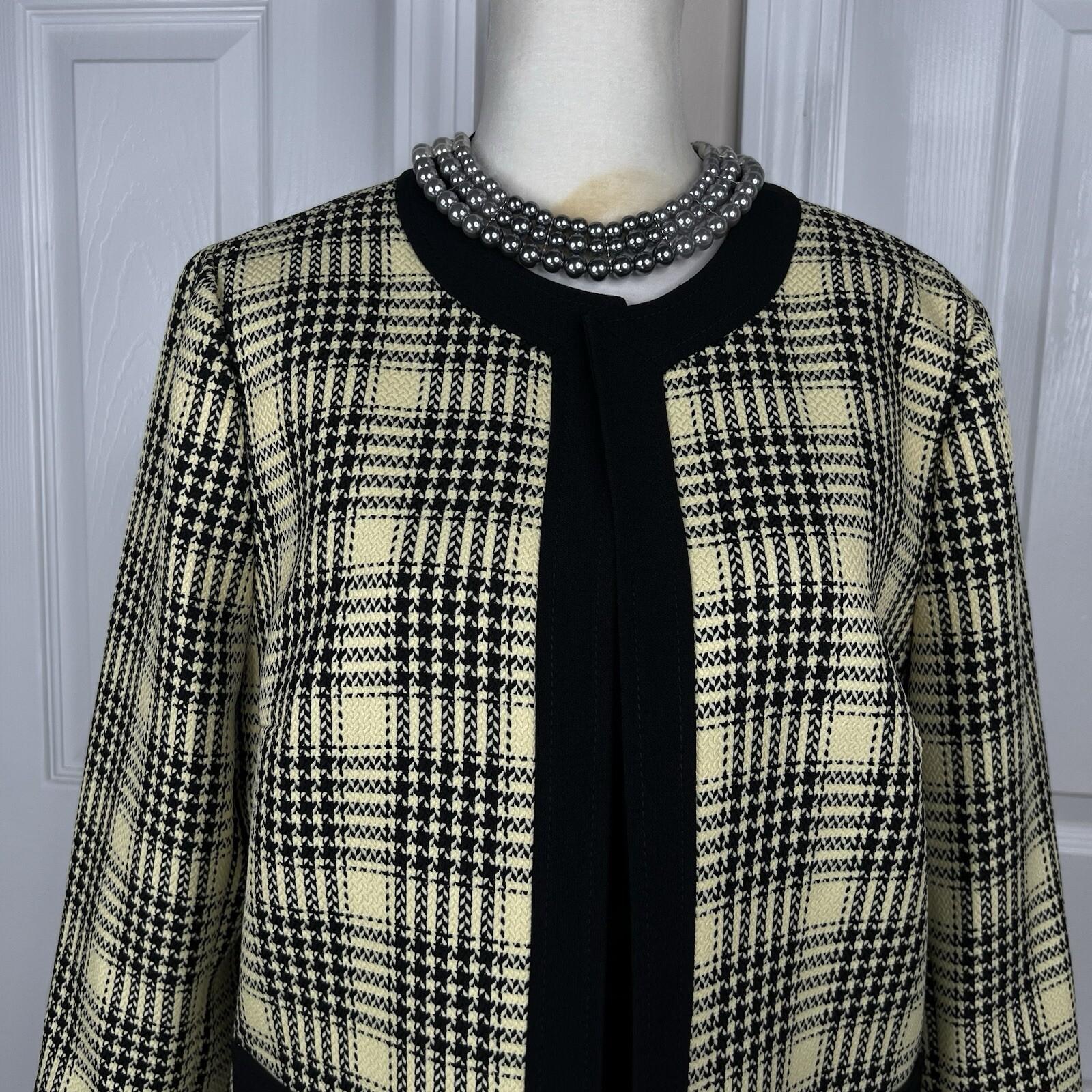 10-6345.jpg KASPER Polyester Elastane Blazer Size 8 Yellow Black Lined Open Front Pockets