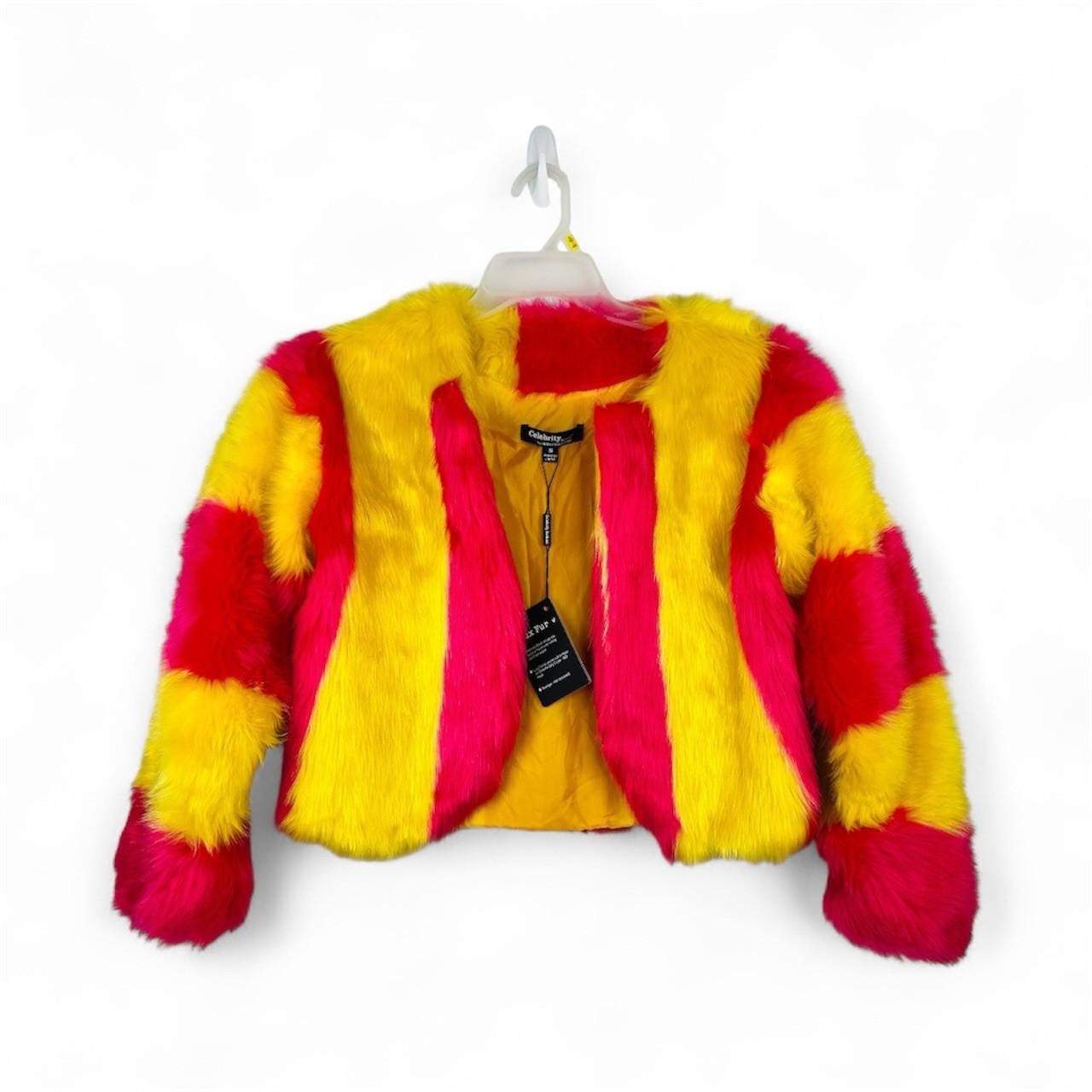 Celebrity Fashion By Hera Collection Faux Fur Jacket Size S Pink Yellow Cropped