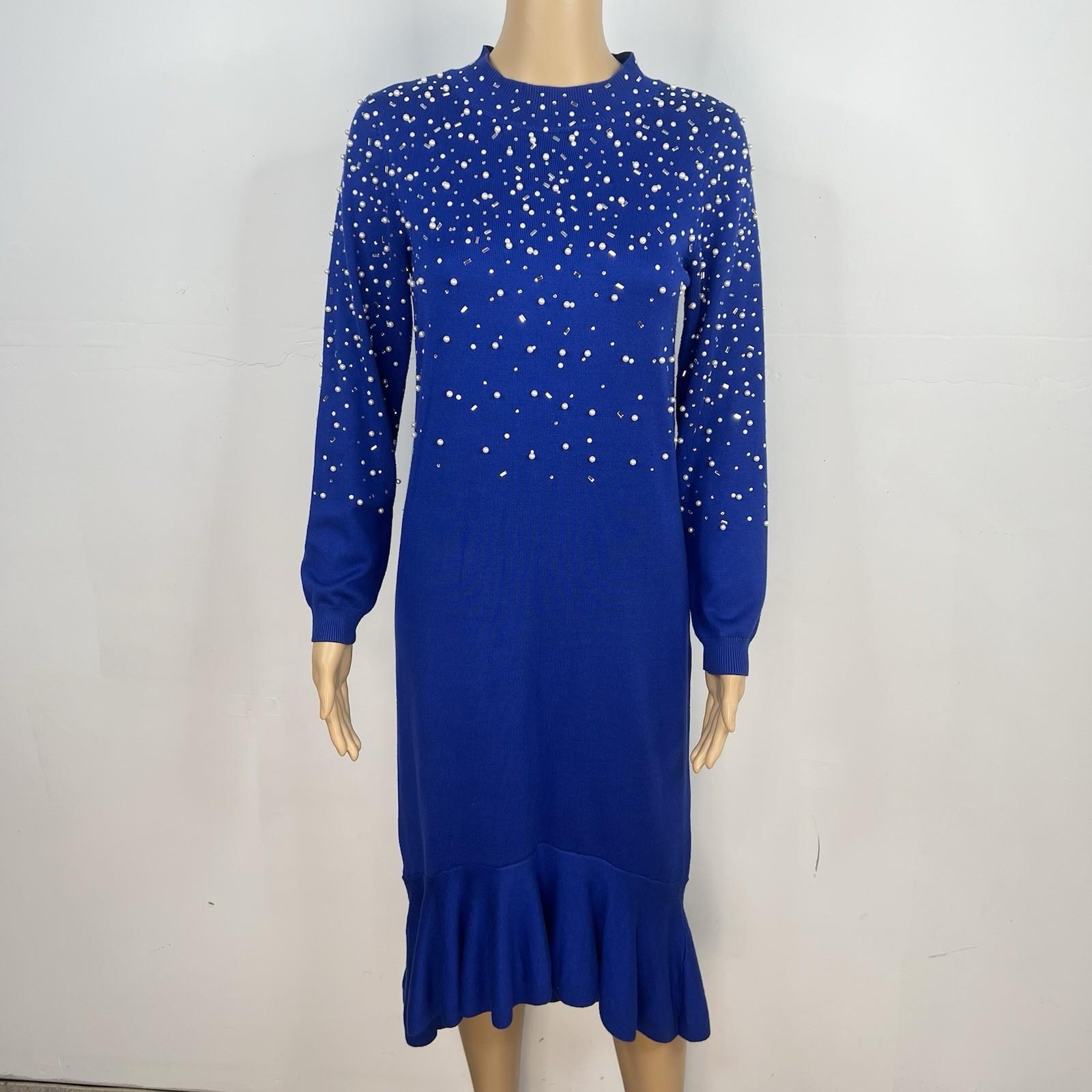 Ashro Sweater Dress Size S Pearl Peplum Blue Beaded Embellished Formal Ruffle