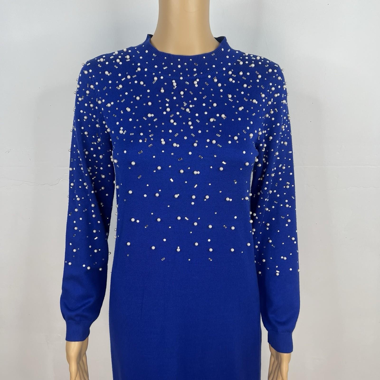 Ashro Sweater Dress Size S Pearl Peplum Blue Beaded Embellished Formal Ruffle