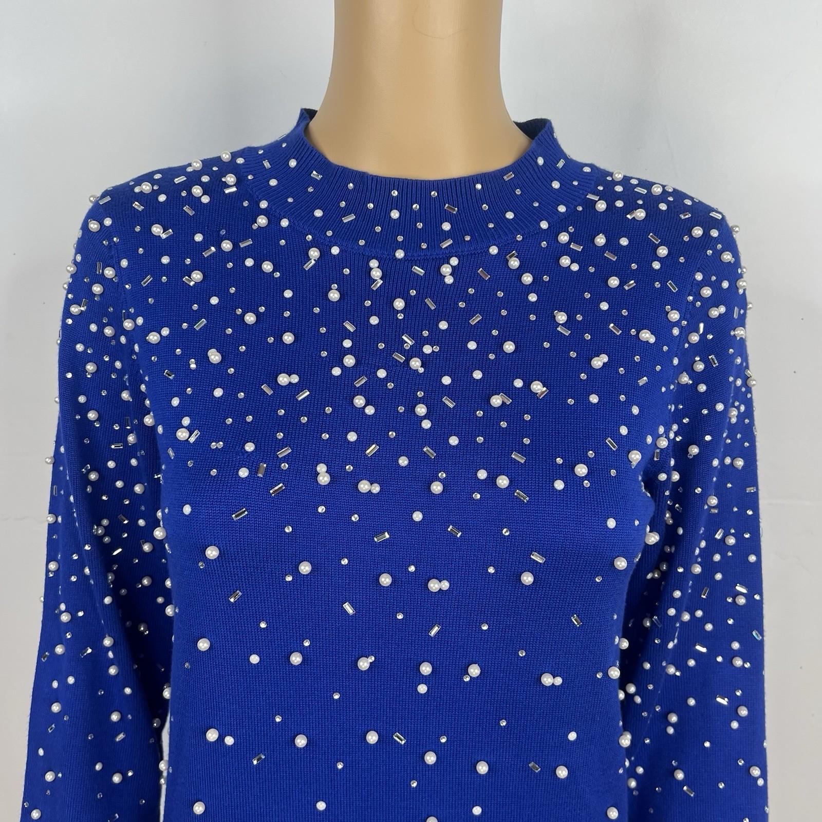 Ashro Sweater Dress Size S Pearl Peplum Blue Beaded Embellished Formal Ruffle