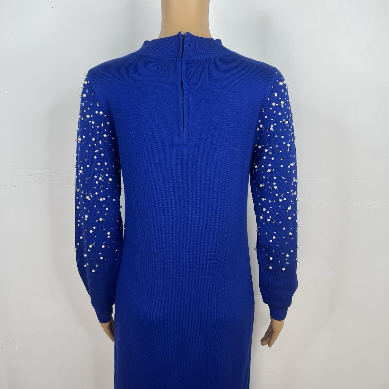Ashro Sweater Dress Size S Pearl Peplum Blue Beaded Embellished Formal Ruffle