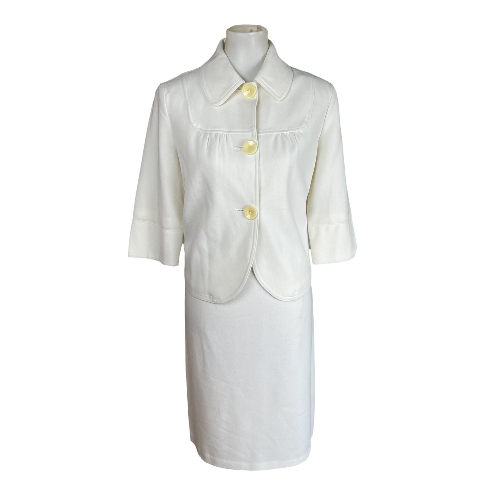 LEVINE CLASSIS 2PC Ivory Polyester Rayon Stretch 3/4 Sleeves Skirt Suit Size 8