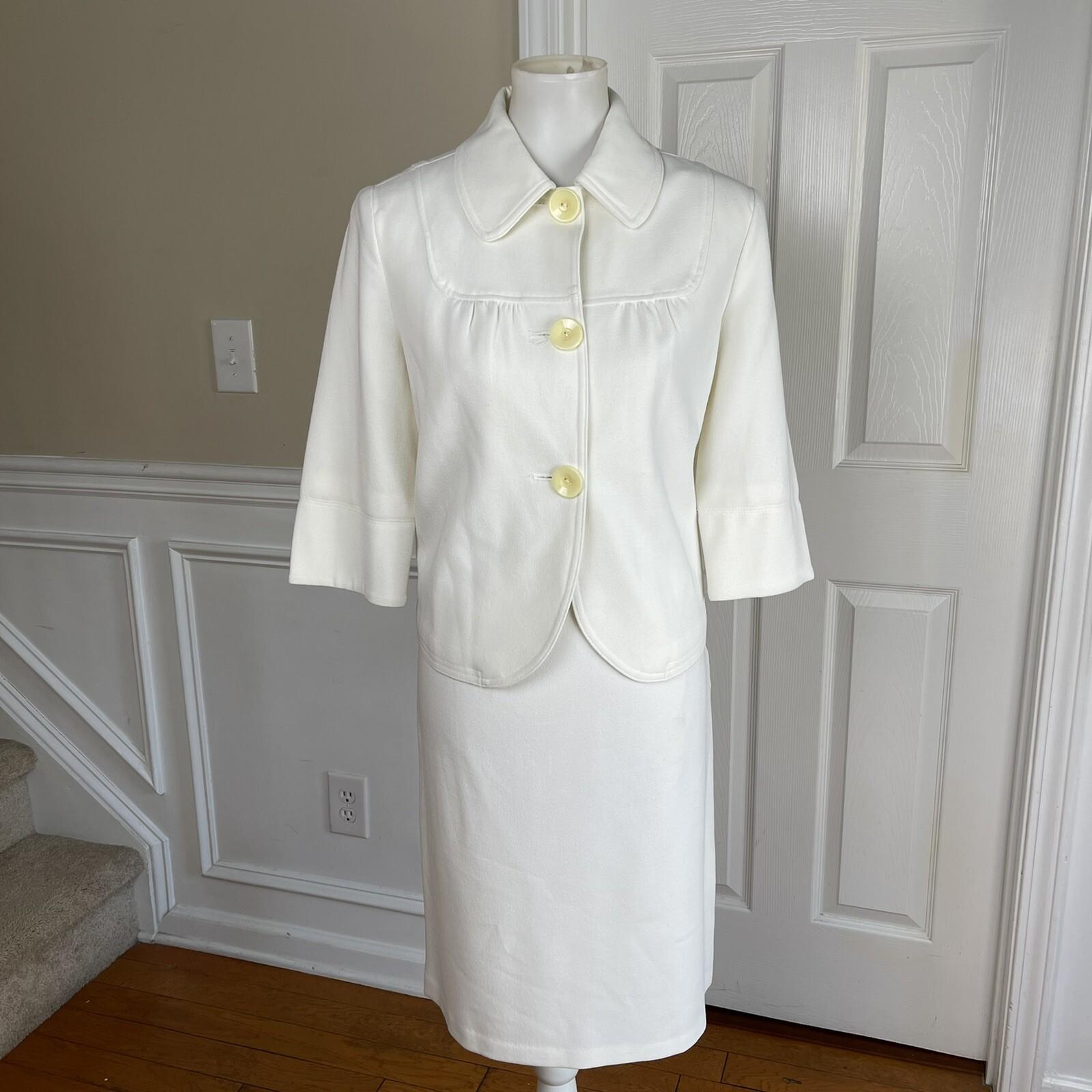 LEVINE CLASSIS 2PC Ivory Polyester Rayon Stretch 3/4 Sleeves Skirt Suit Size 8