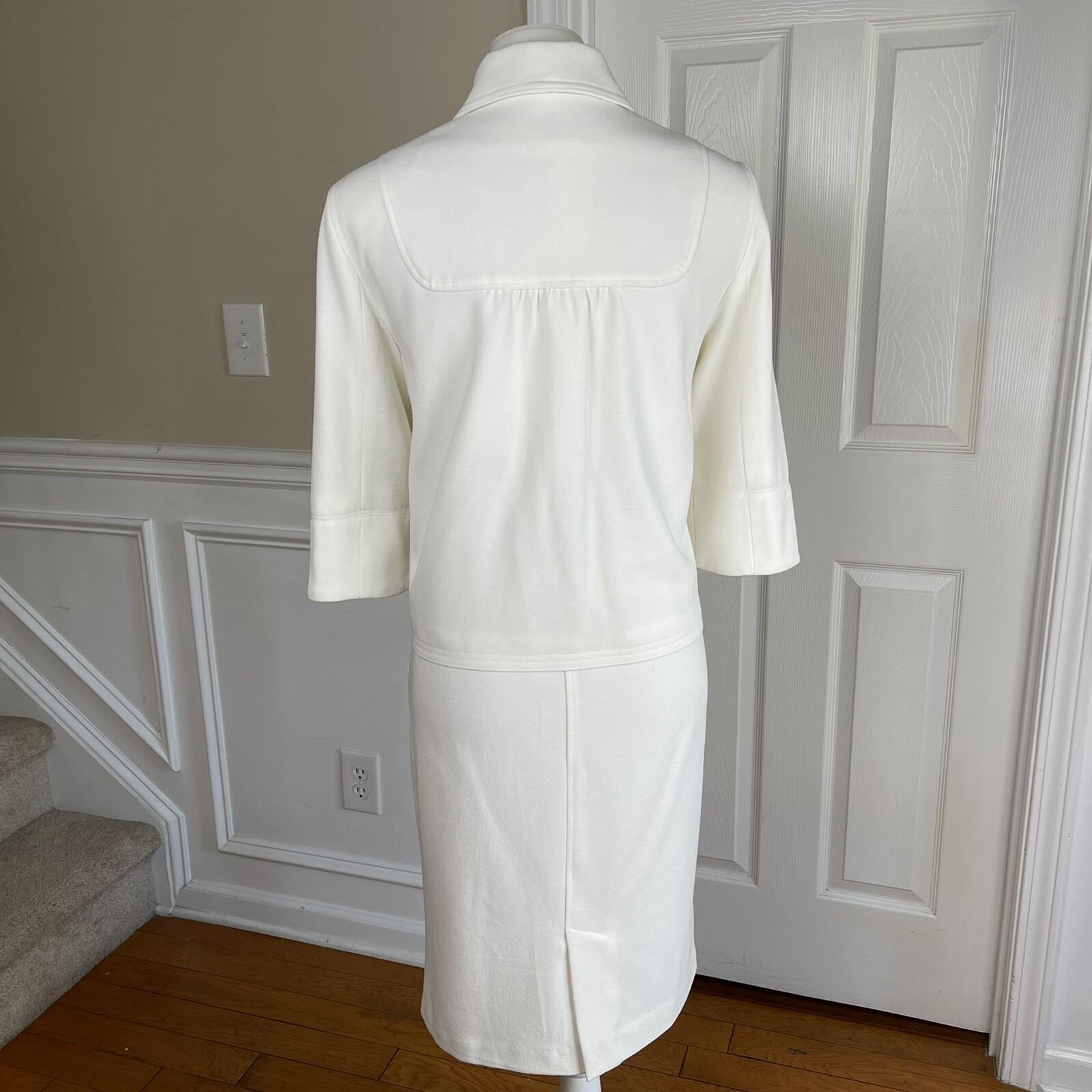 LEVINE CLASSIS 2PC Ivory Polyester Rayon Stretch 3/4 Sleeves Skirt Suit Size 8