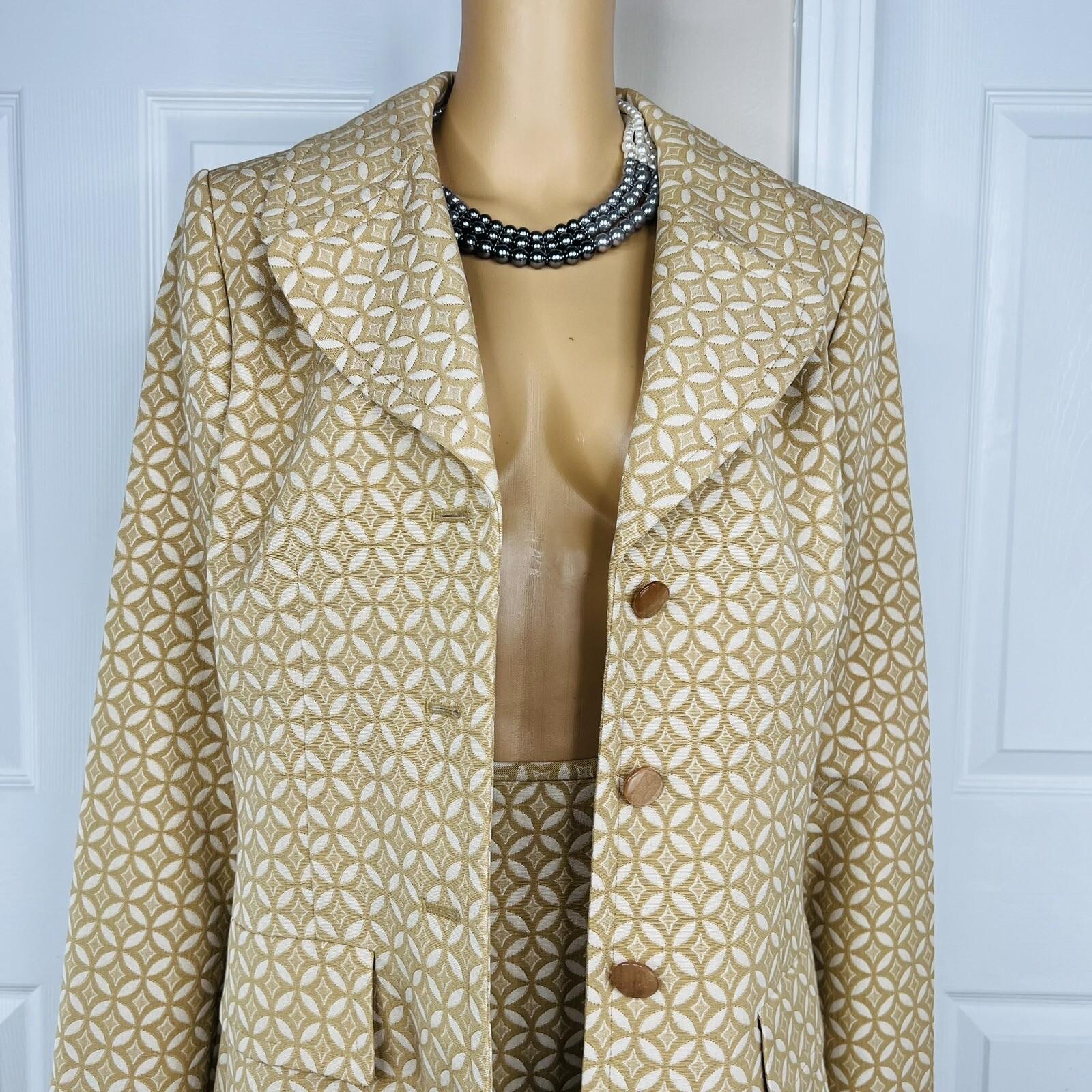 Le Suit Cotton Blend Skirt Suit 12 Gold Beige Twill Notch Collar Midi Blazer