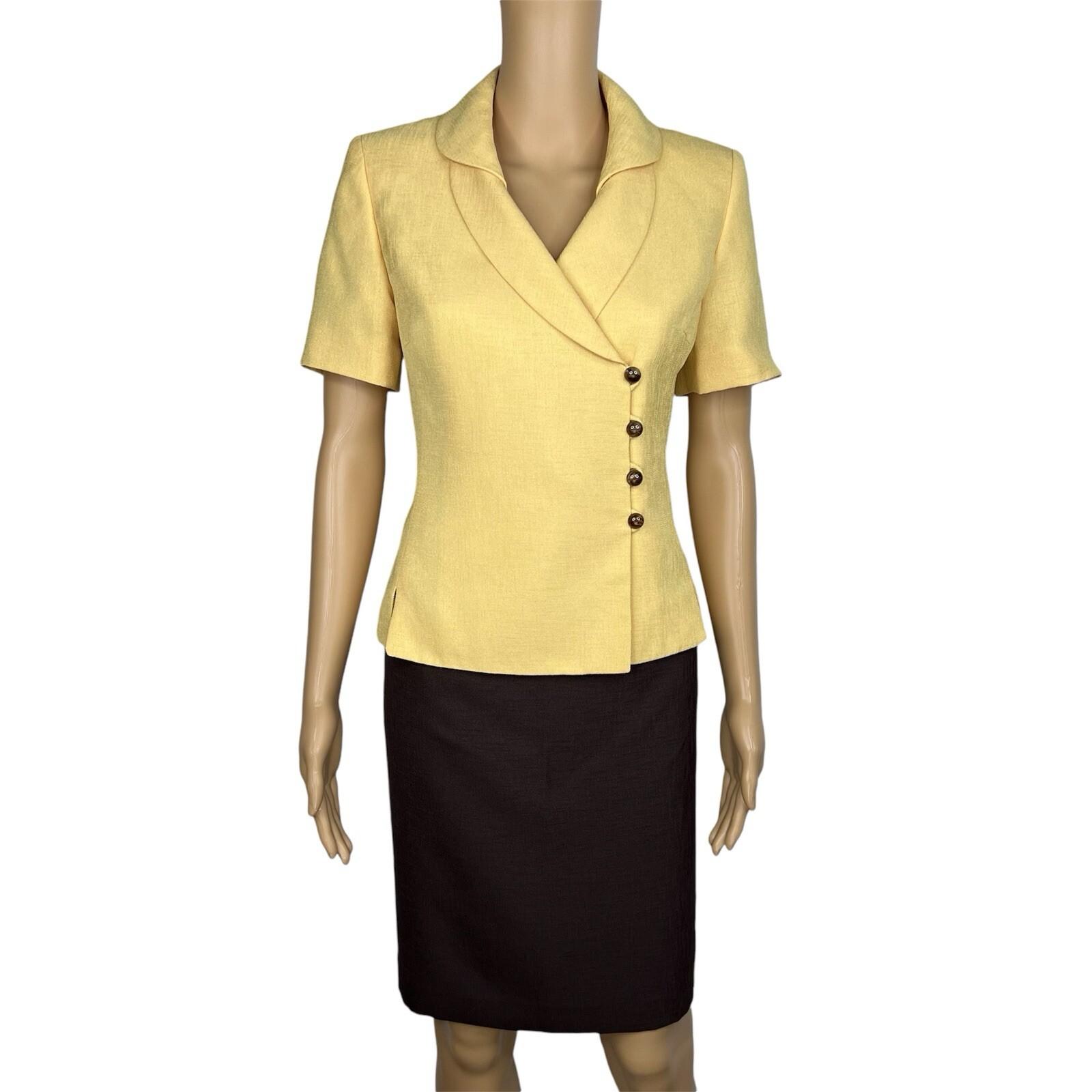 LE SUIT Polyester Skirt Suit 4P Brown Yellow Shawl Collar Wrap Short Sleeves 2PC