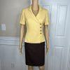 LE SUIT Polyester Skirt Suit 4P Brown Yellow Shawl Collar Wrap Short Sleeves 2PC