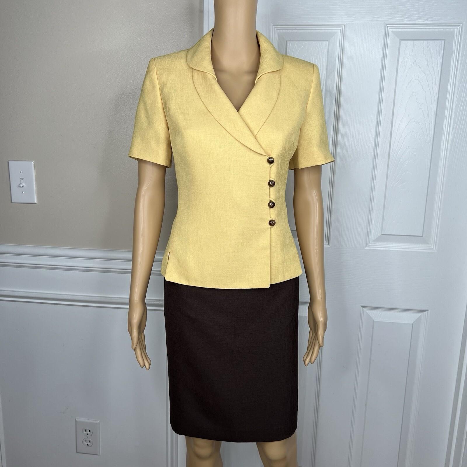 LE SUIT Polyester Skirt Suit 4P Brown Yellow Shawl Collar Wrap Short Sleeves 2PC