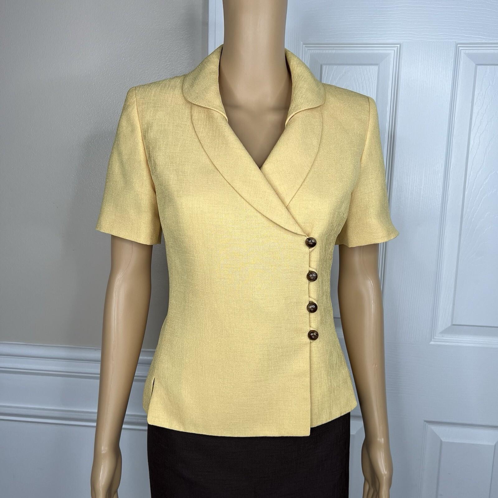 LE SUIT Polyester Skirt Suit 4P Brown Yellow Shawl Collar Wrap Short Sleeves 2PC